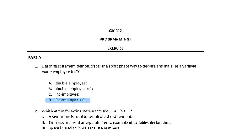 CSC402 PROGRAMMING I EXERCISE PART A QUESTIONS AND ANSWERS - Studocu