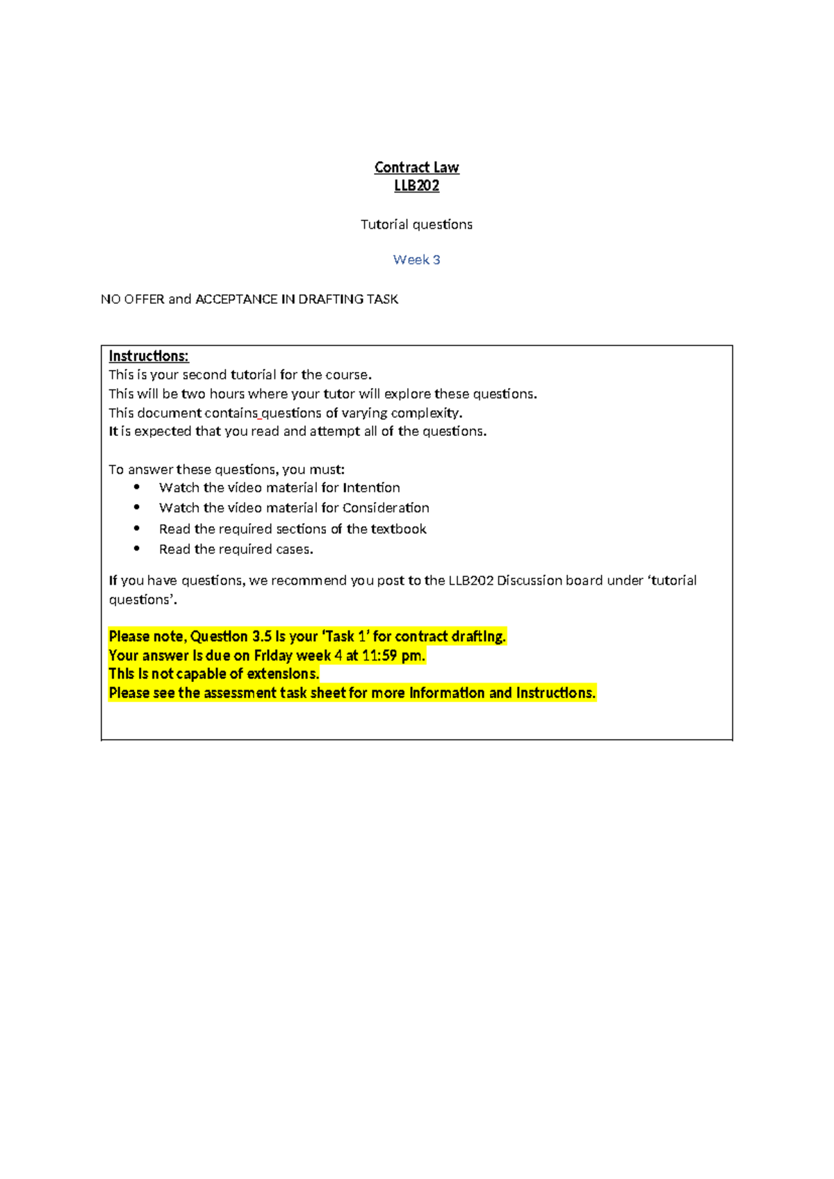 LLB202 Week 3 Tutorial Questions: Consideration & Intention in Contract ...