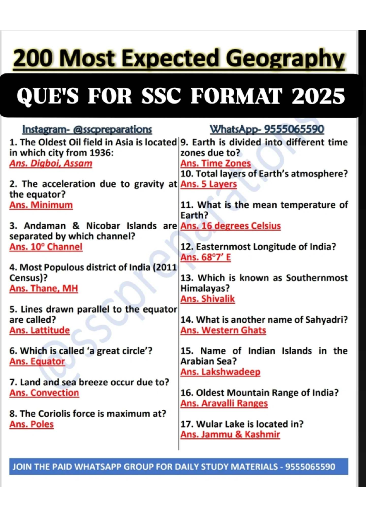 GK SSC Geography Expected Questions for Exam Preparation 2025 - Studocu