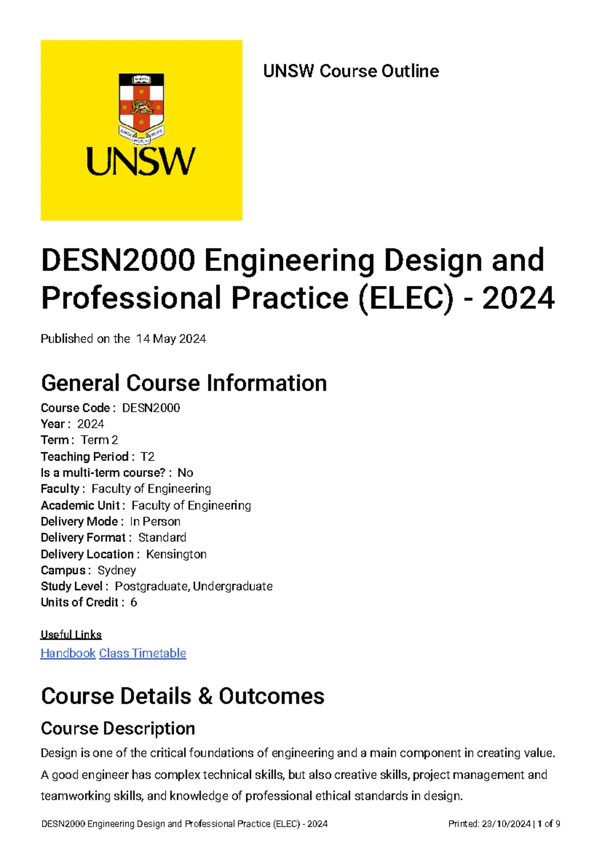 DESN2000 2024 Term 2 Course Outline: Engineering Design & Practice ...