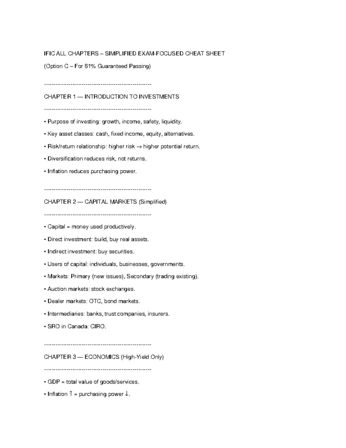 IFIC ALL CHAPTERS CHEAT SHEET FOR SUCCESSFUL INVESTMENT STUDY - Studocu