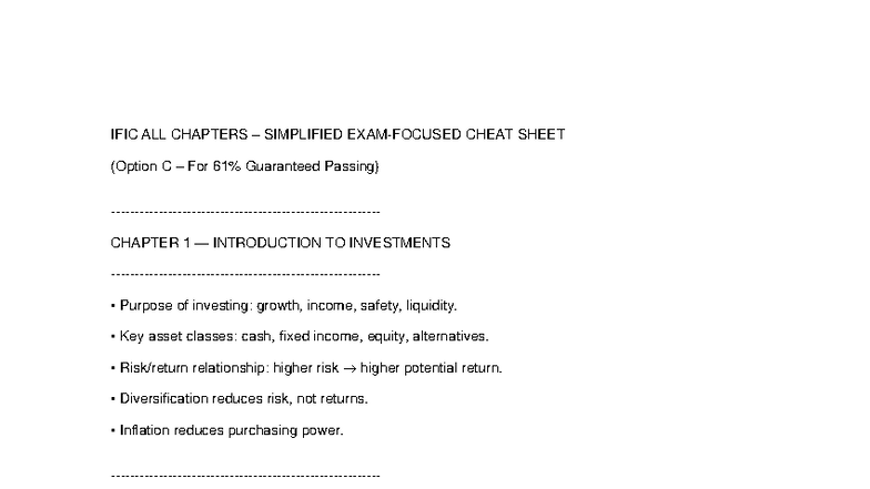 IFIC ALL CHAPTERS CHEAT SHEET FOR SUCCESSFUL INVESTMENT STUDY - Studocu