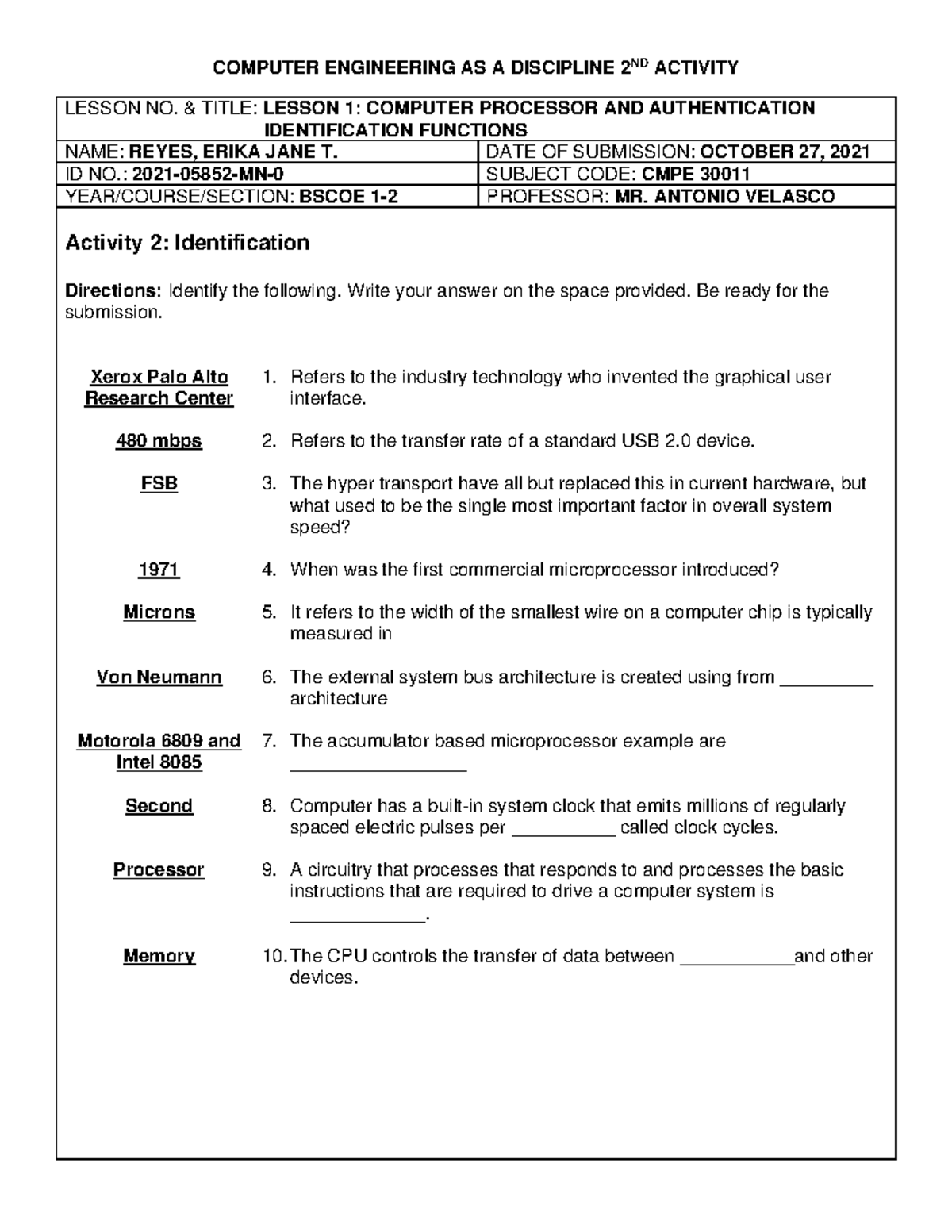 CMPE 30011 Module 2 Activity 2: Computer Processor & Authentication ...