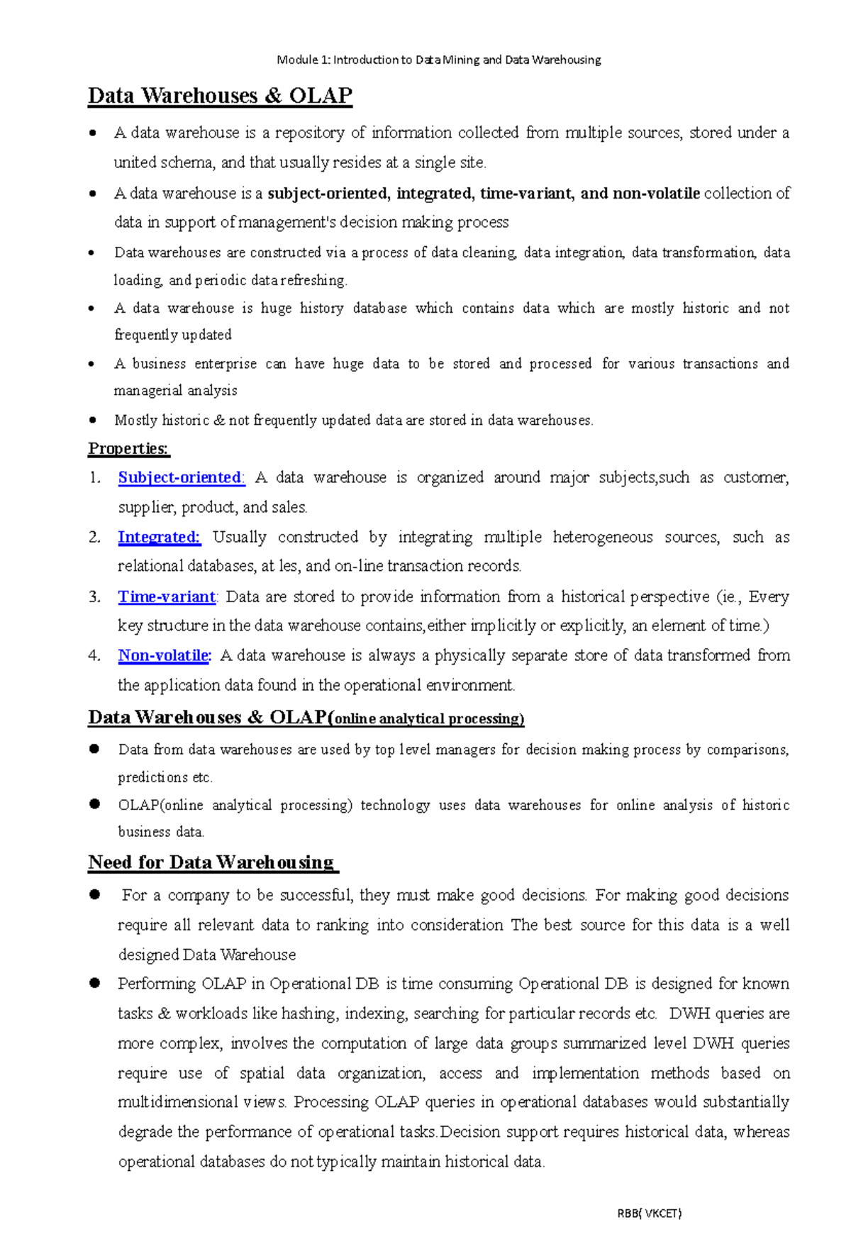 RBB(VKCET) Module 1: Intro to Data Mining & Data Warehousing - Studocu