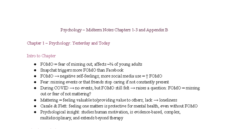 Psychology – Midterm 1 Notes - Psychology – Midterm Notes Chapters 1-3 ...