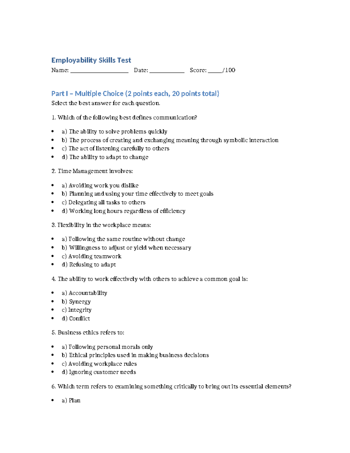 Employability Skills Test: MCQs, Matching, and Short Answers - Studocu