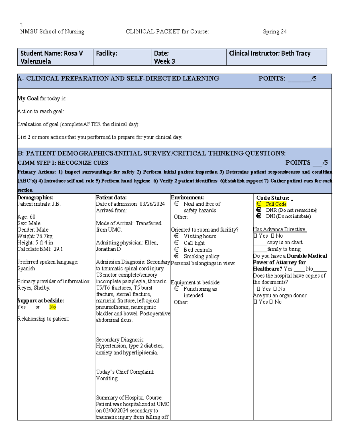 NMSU Nursing Clinical Packet: Week 3 Spring 24 - Patient Assessment ...