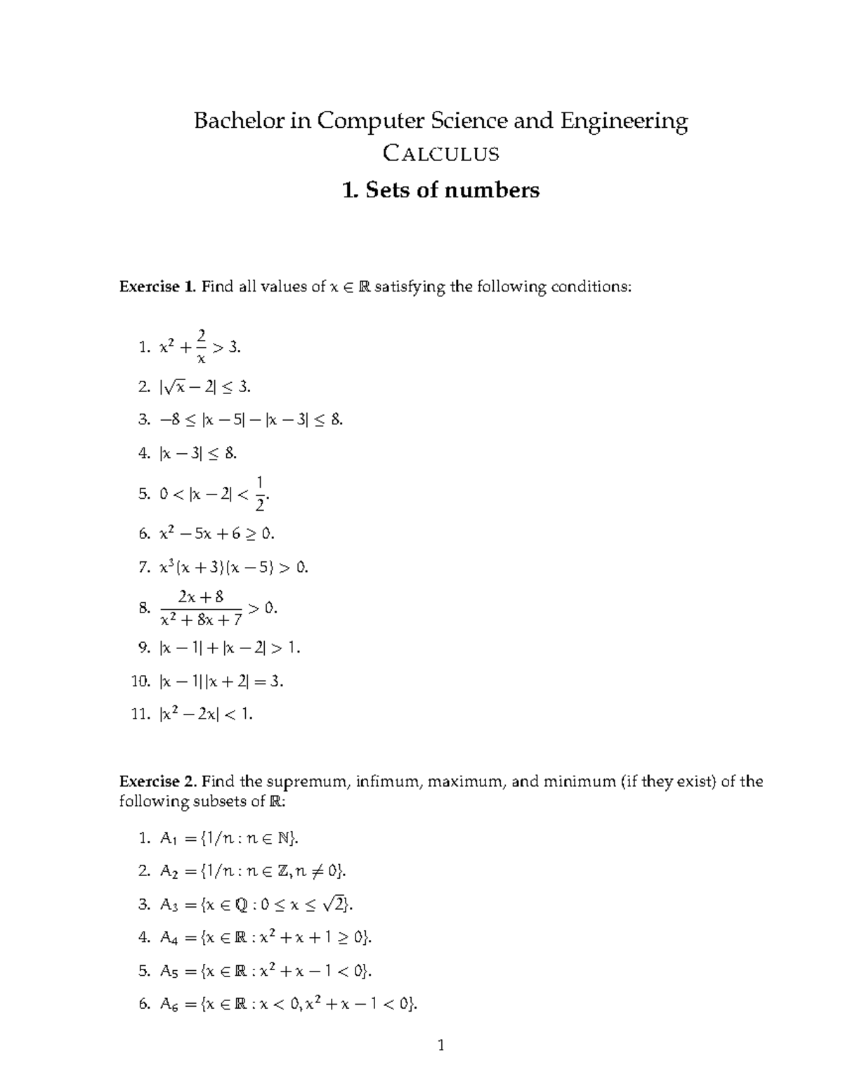 Calculus 1 Exercises - Bachelor in Computer Science C ALCULUS 1 - Studocu