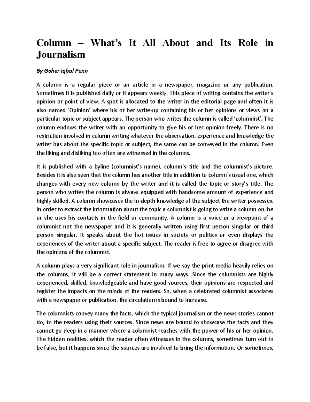 Column: Its Role in Journalism and Impact on Readers - Studocu