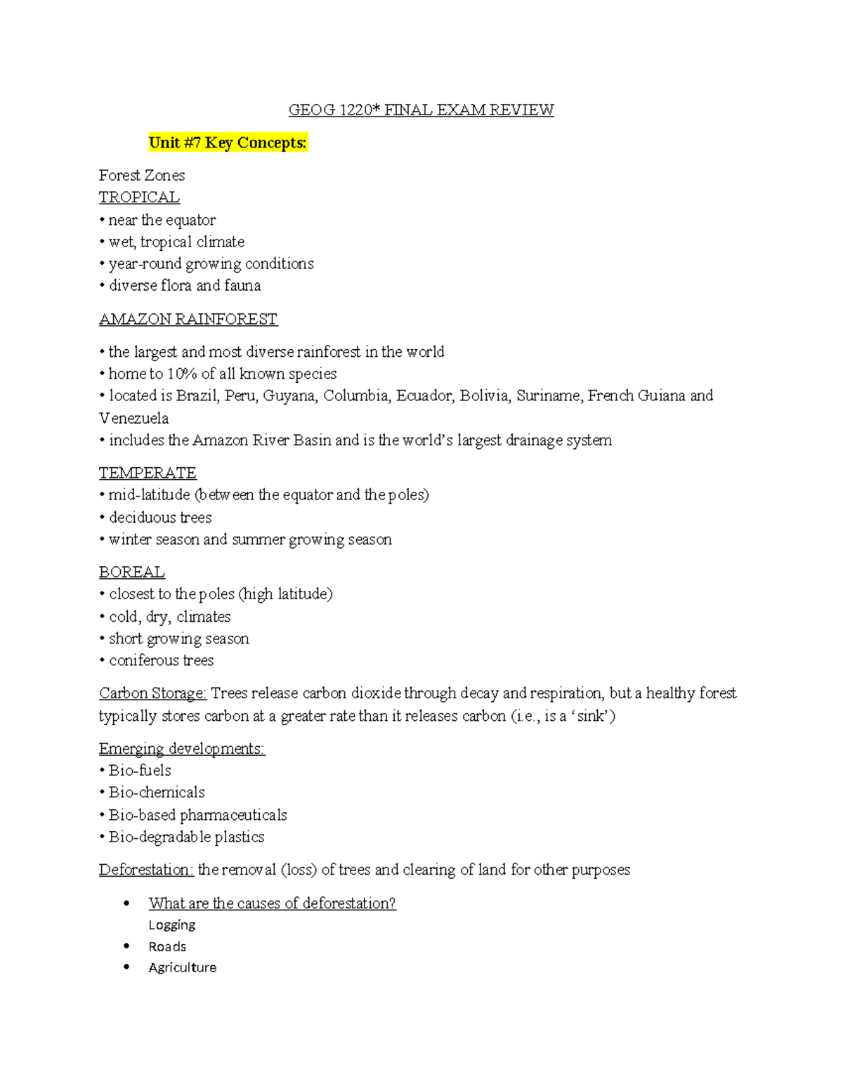GEOG 1220 FINAL EXAM REVIEW: Key Concepts on Forests & Biodiversity ...