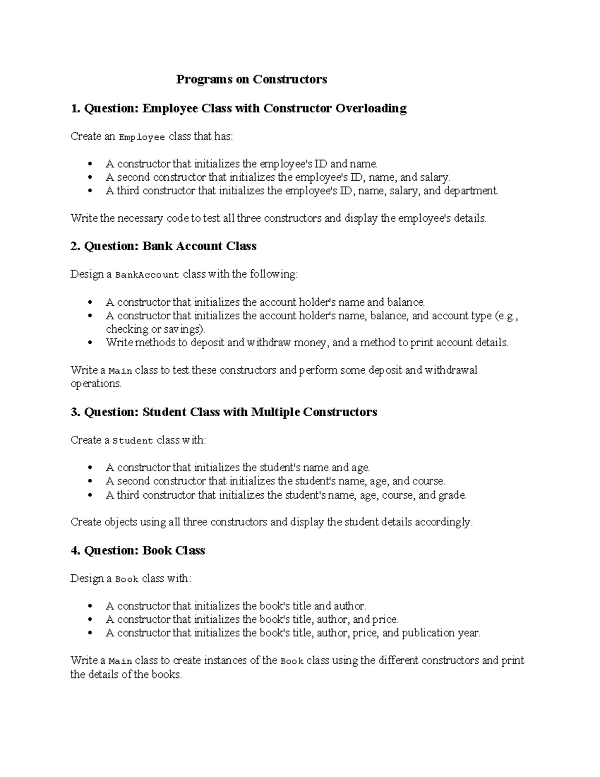 Constructor Overloading Examples in Java: Employee, BankAccount ...