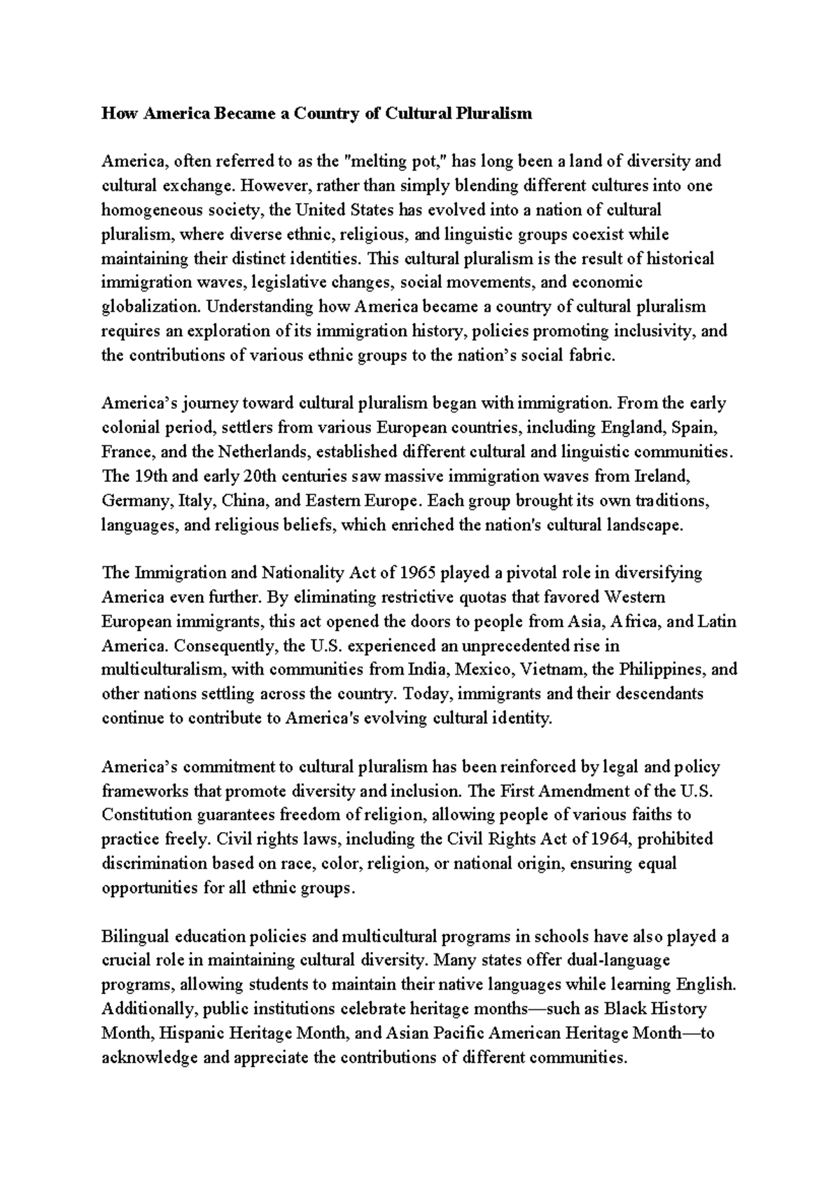 Cultural Pluralism in America: A Study of Diversity and Inclusion - Studocu