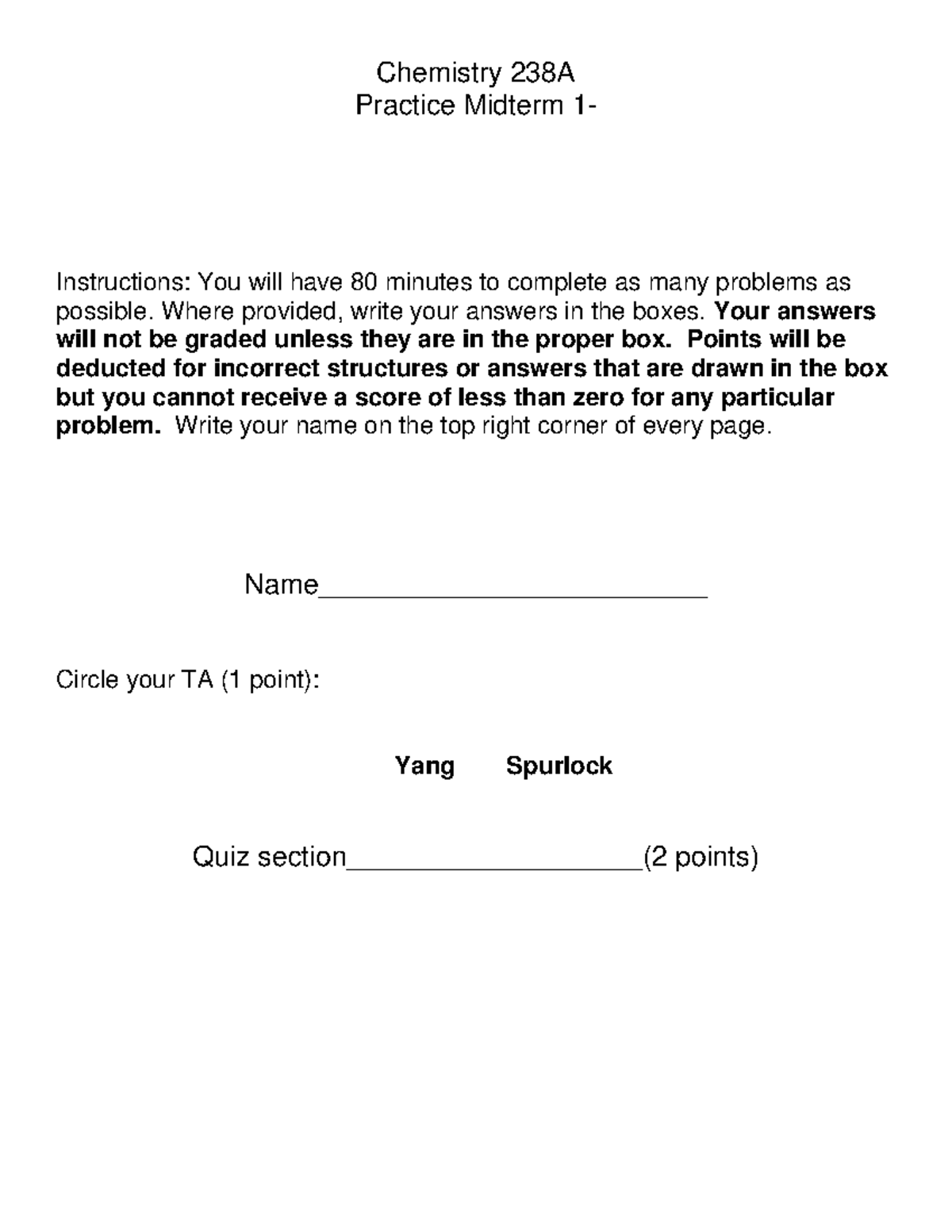 Chemistry 238 A - Practice Midterm Exam 1 Study Guide - Studocu