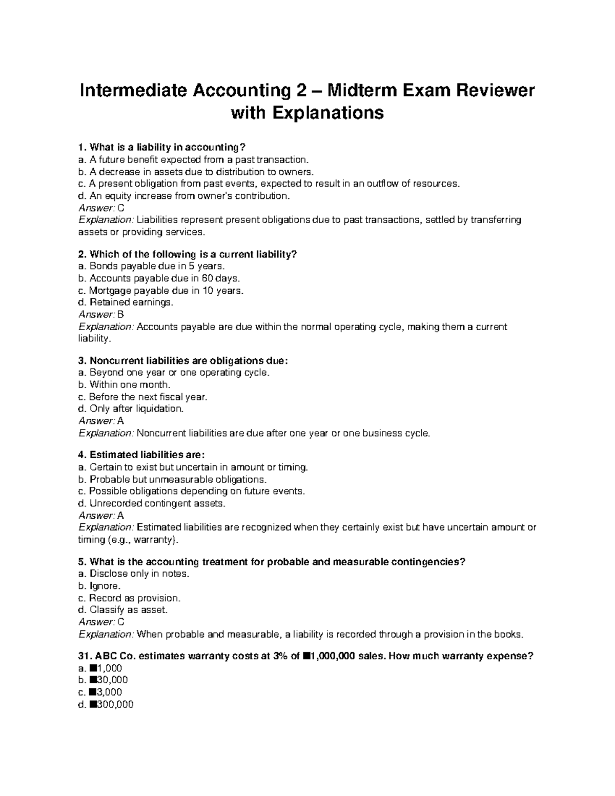 Intermediate Accounting 2 Midterm Exam Review with Explanations - Studocu