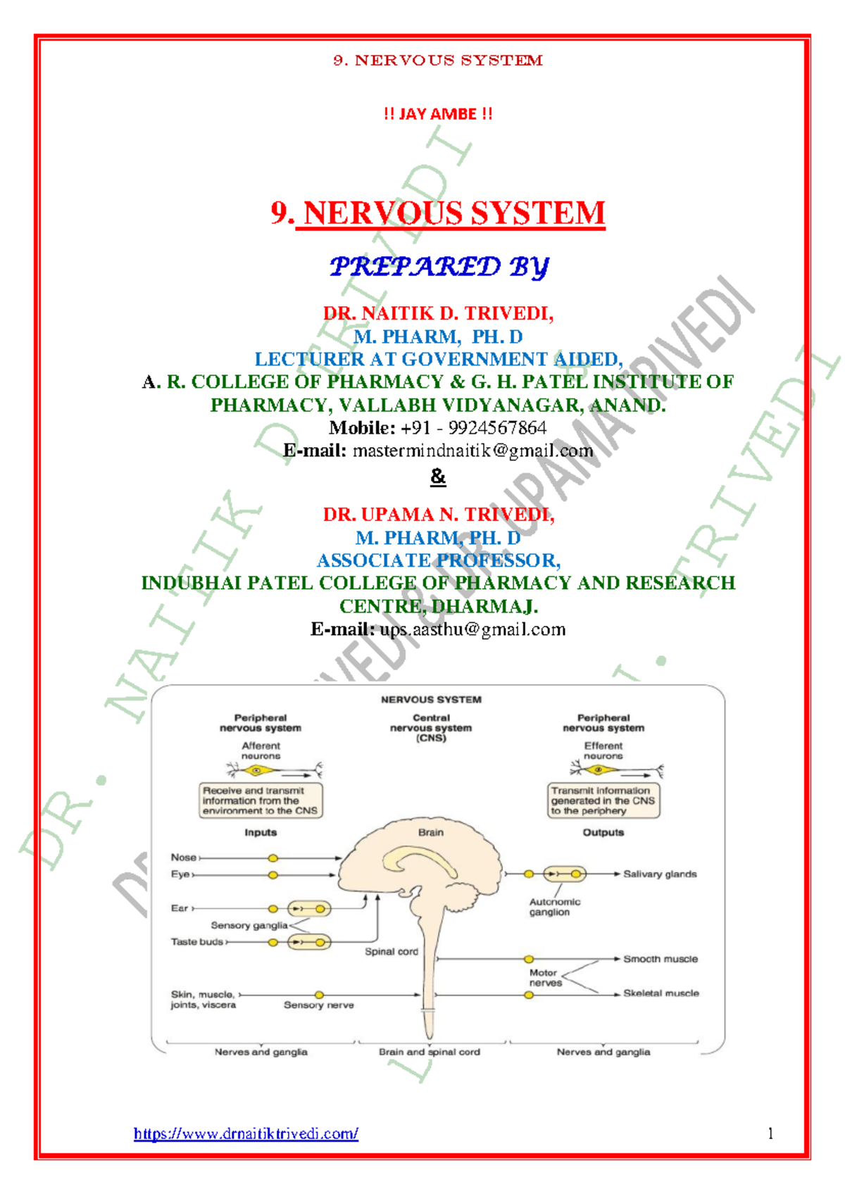 Nervous System Overview: Lecture Notes for Course 9 - Studocu