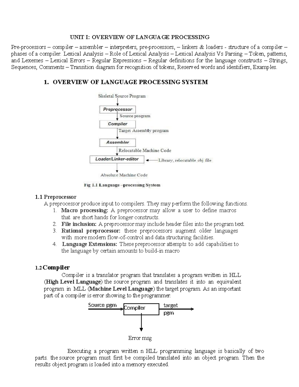 CD-001: Unit I - Overview of Language Processing and Compiler Phases ...
