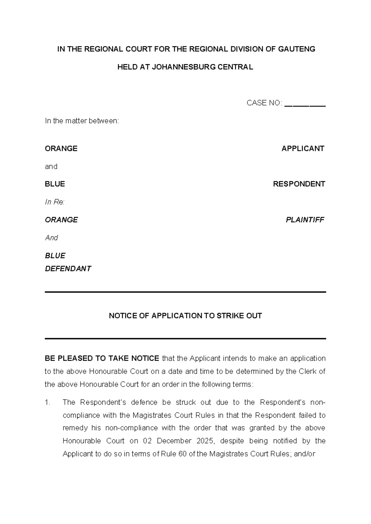 Application for Strike Out - Case No: 20250415 - Studocu