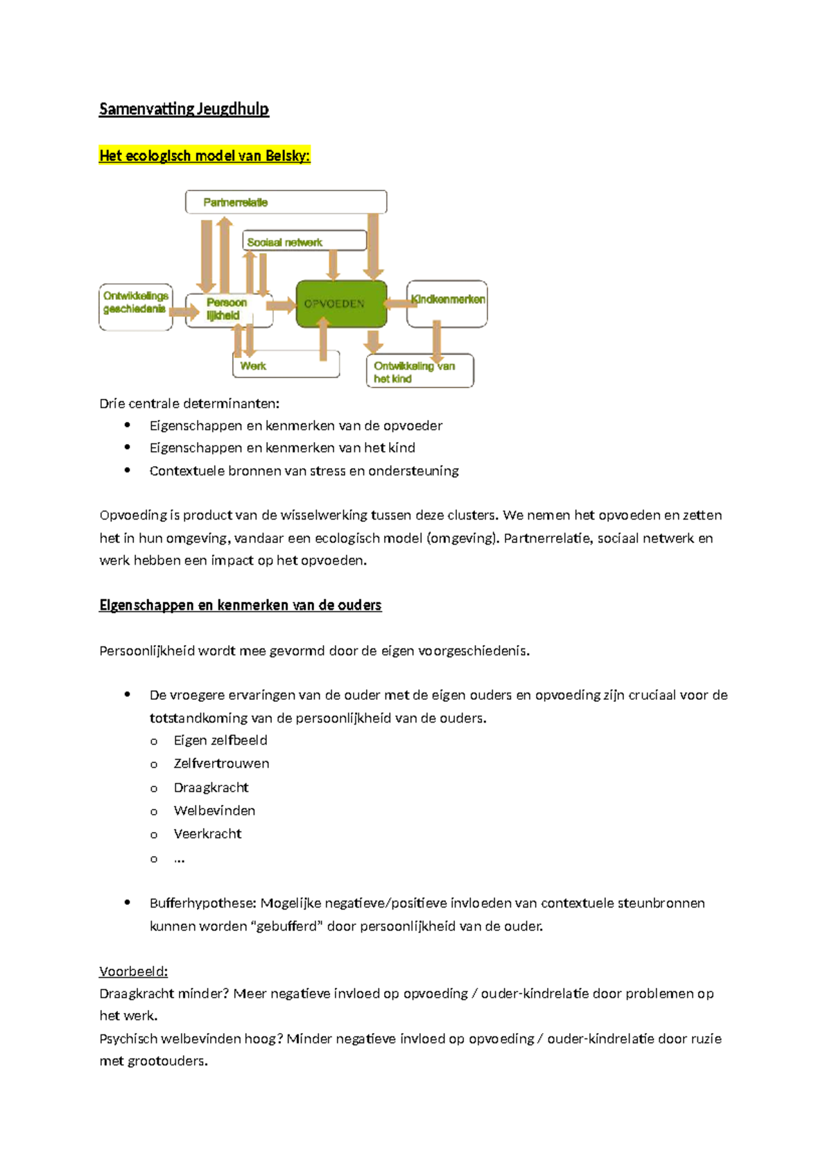 Samenvatting Jeugdhulp: Het Ecologisch Model van Belsky en Opvoeding ...