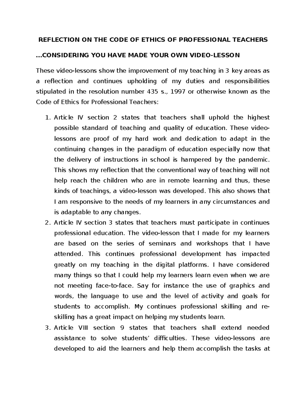 Reflection on the Code of Ethics for Professional Teachers - Studocu