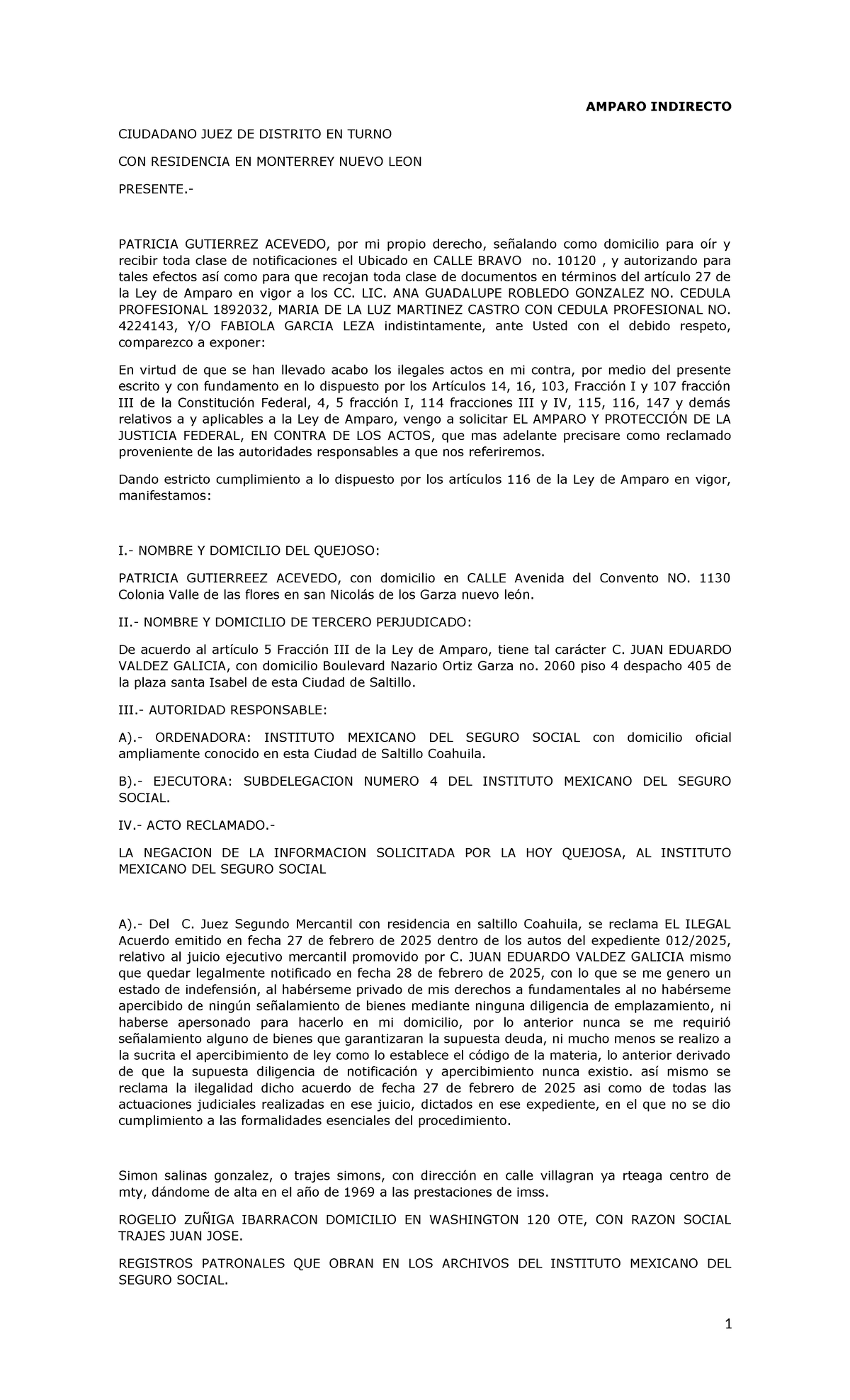 Amparo Indirecto contra IMSS - Caso de Patricia Gutiérrez Acevedo - Document Preview