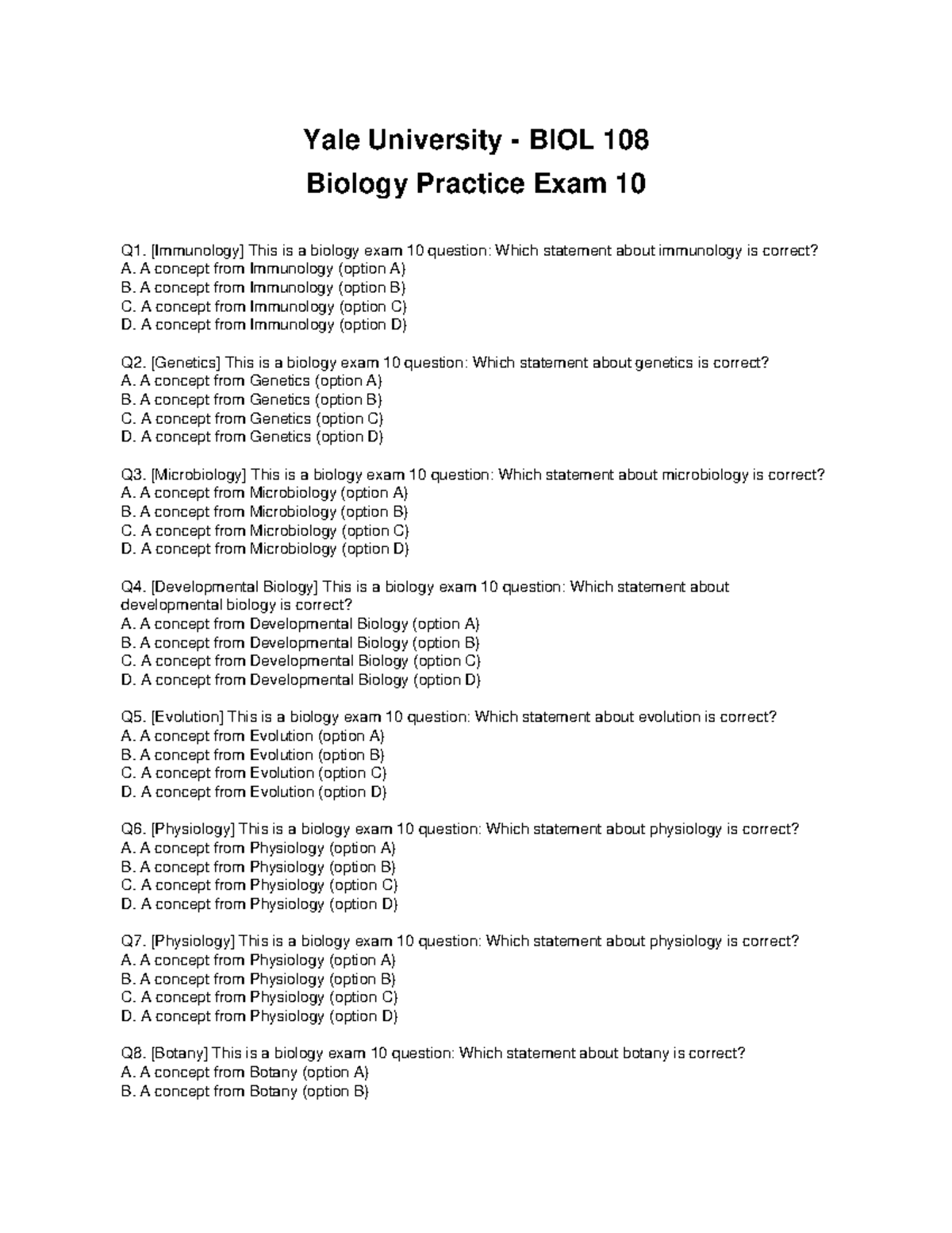 Yale University BIOL 108 Biology Practice Exam 10 Questions - Studocu