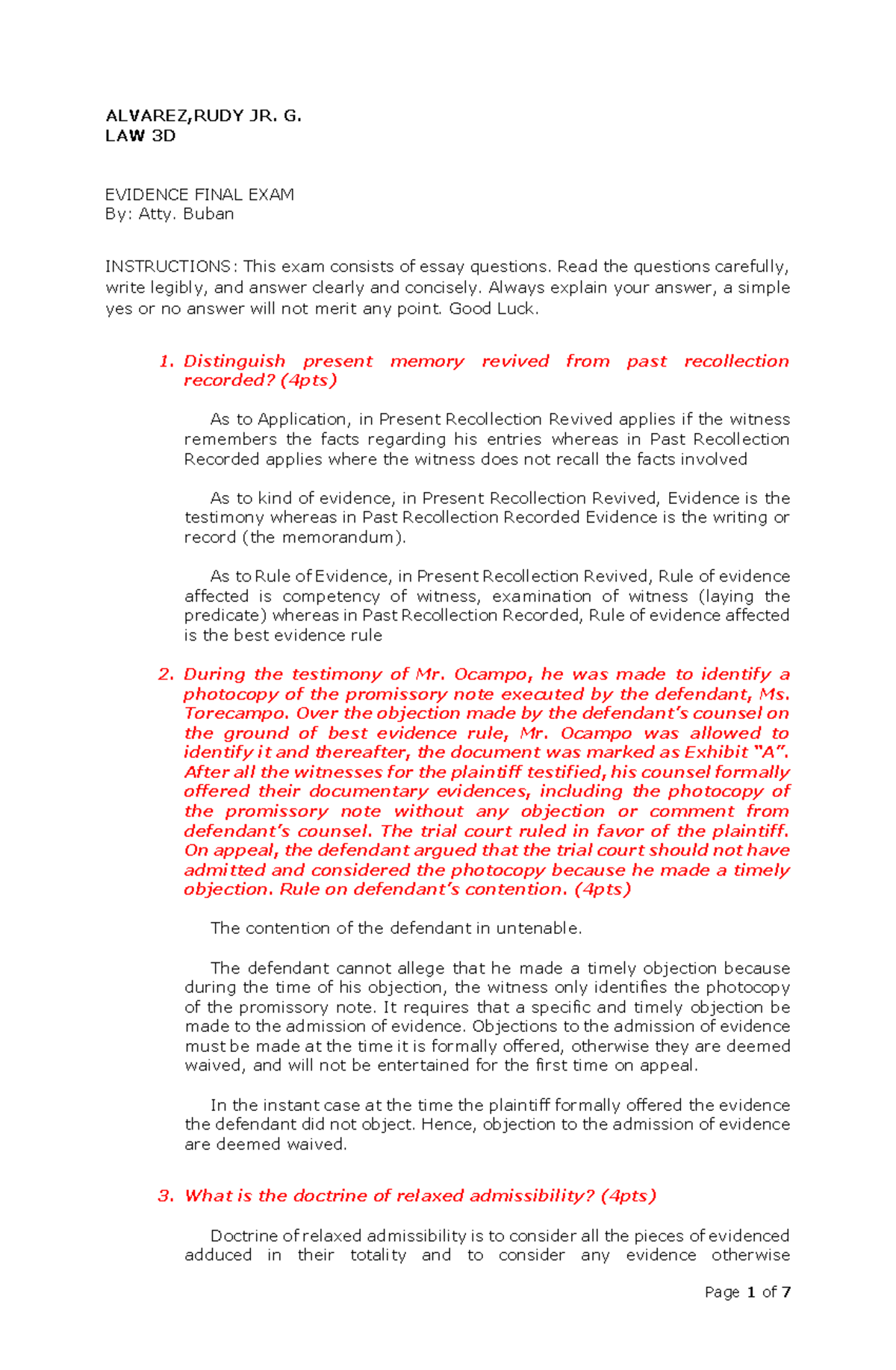 Evidence Final Exam - Law 3D by Rudy Jr. G. Alvarez - Studocu