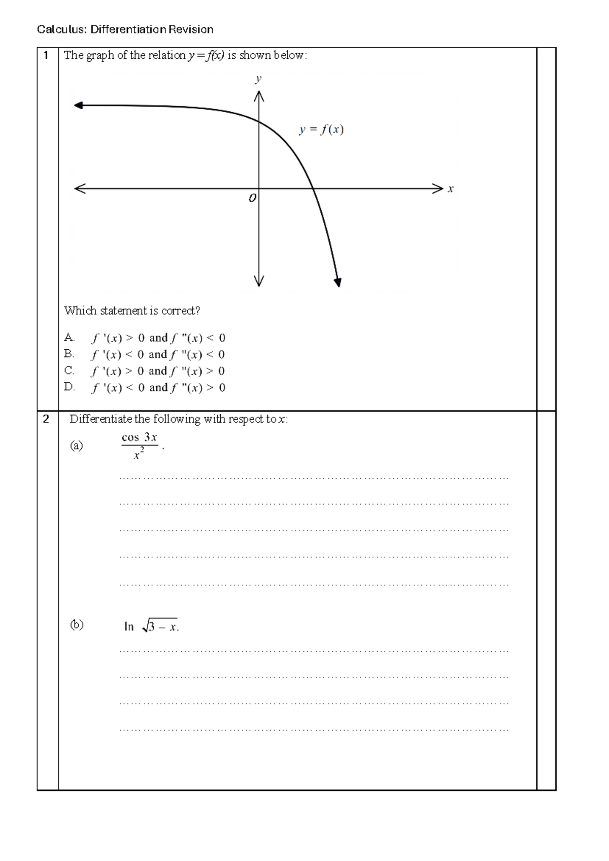 Calculus Differentiation Revision with solution - Calculus ...