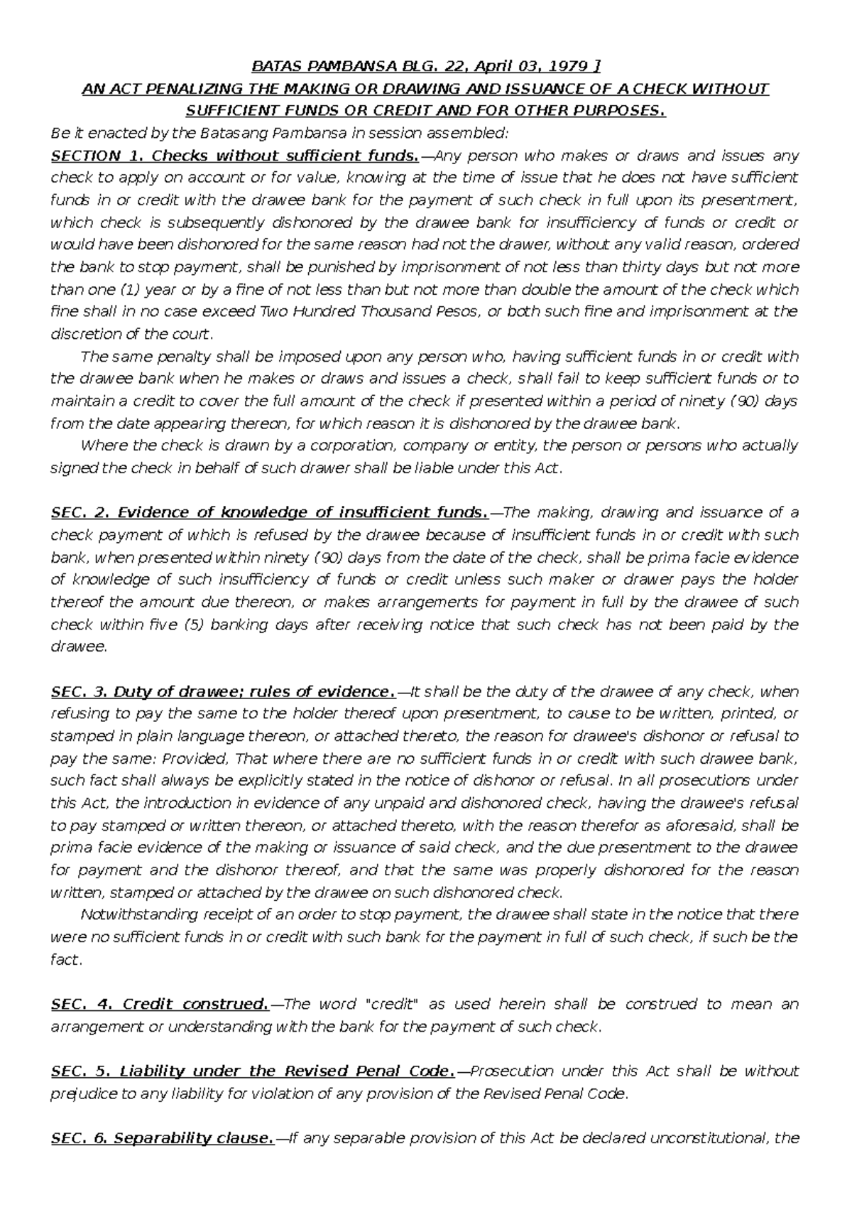Batas Pambansa Blg. 22: Penalizing Insufficient Fund Checks - Studocu