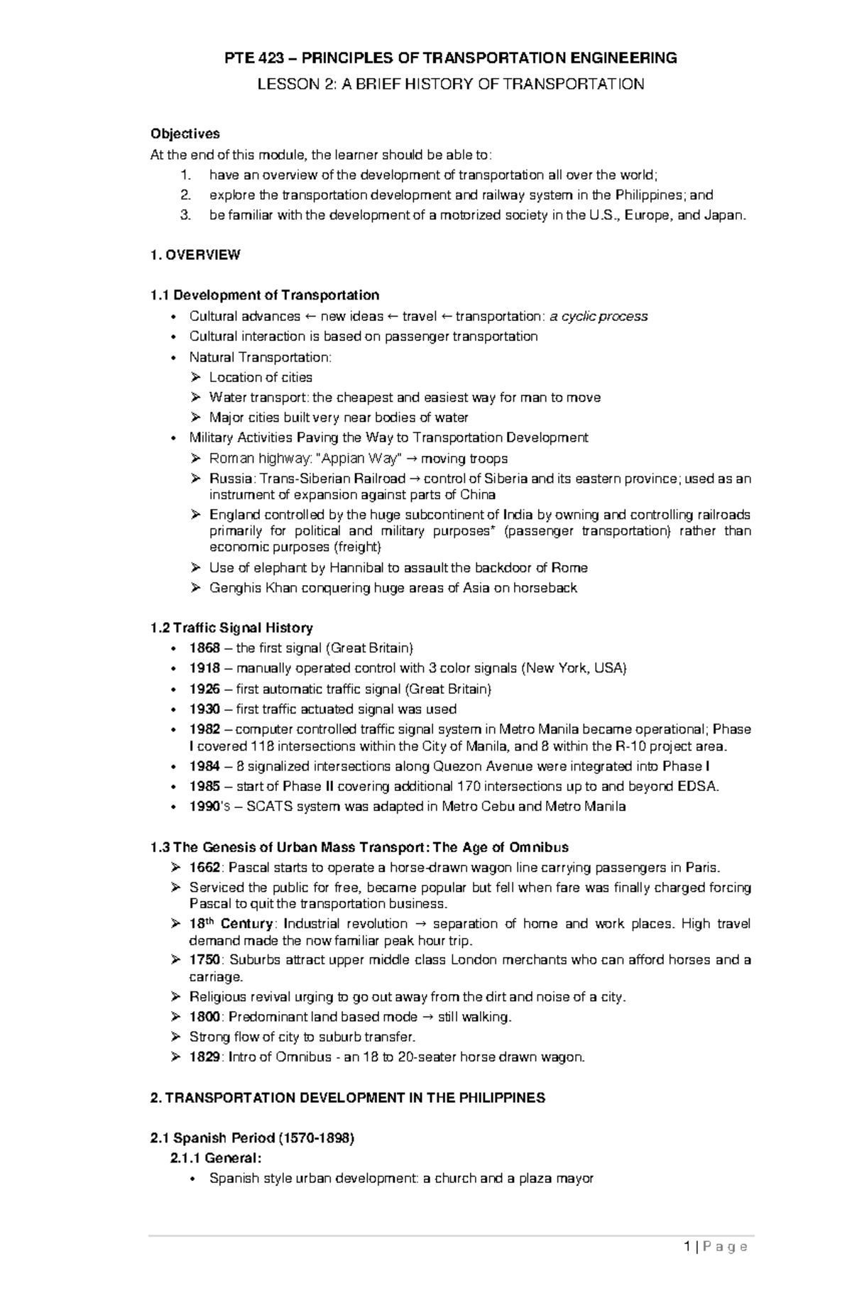 PTE 423 PRINCIPLES OF TRANSPORTATION ENGINEERING LESSON 2: A HISTORICAL ...