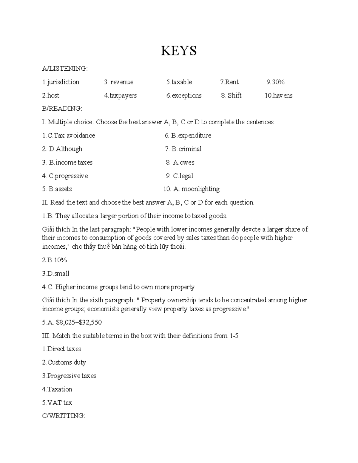 Unit 7 Taxation KEYS: Listening, Reading & Writing Practice Notes - Studocu