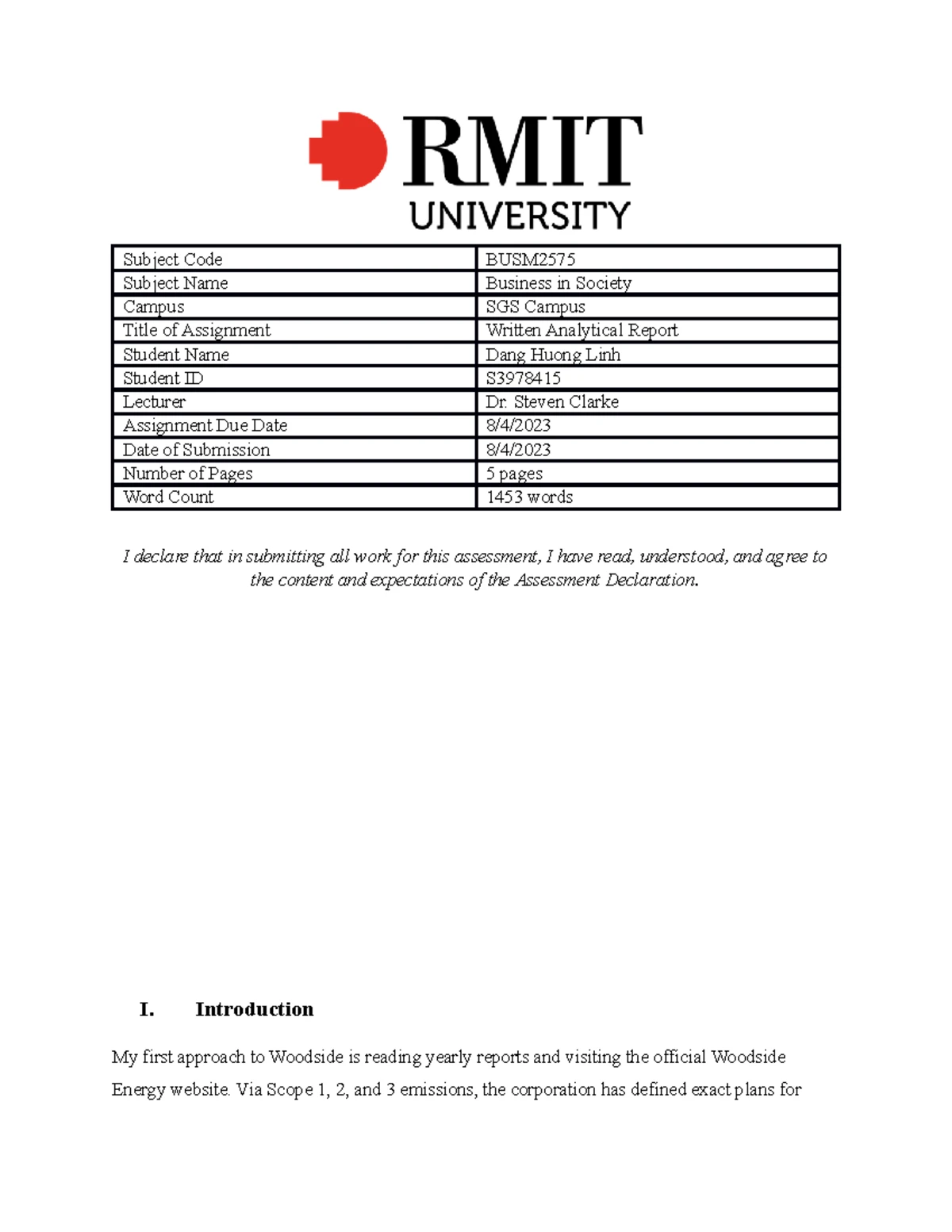 BUSM Written Analytical Report on Woodside's Sustainability Strategies ...