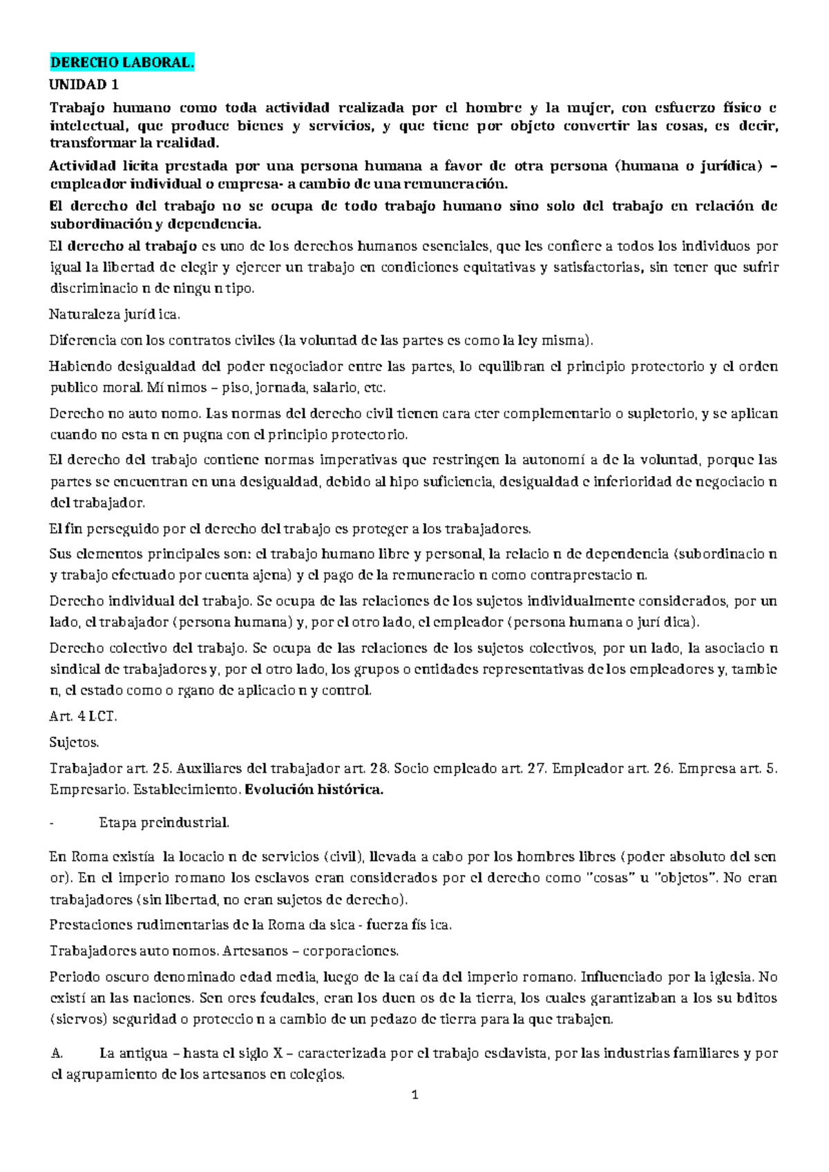 Resumen del Primer Parcial de Derecho Laboral (DERECHO LABORAL - UNIDAD ...