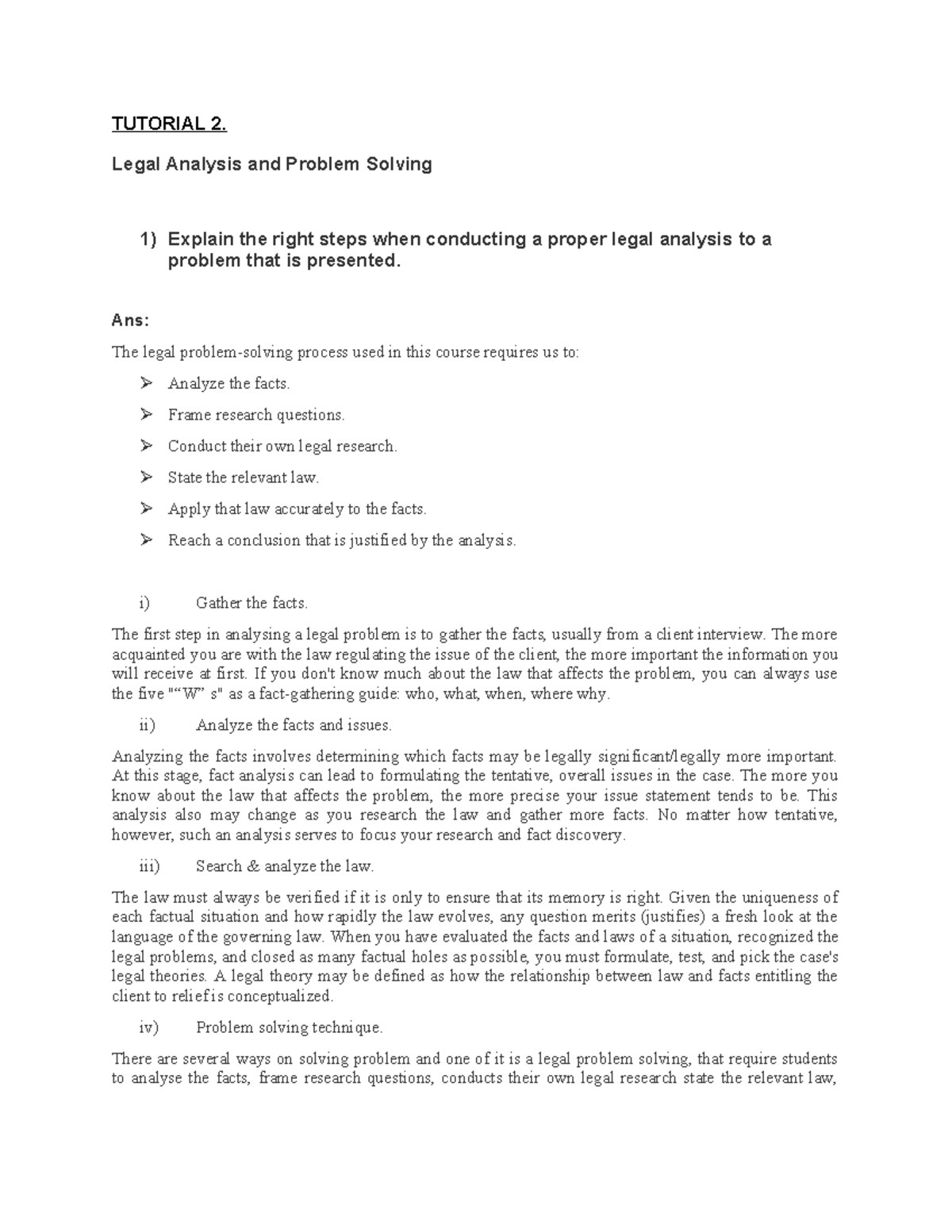 Legal Skills Tutorial 2 - TUTORIAL 2. Legal Analysis and Problem ...