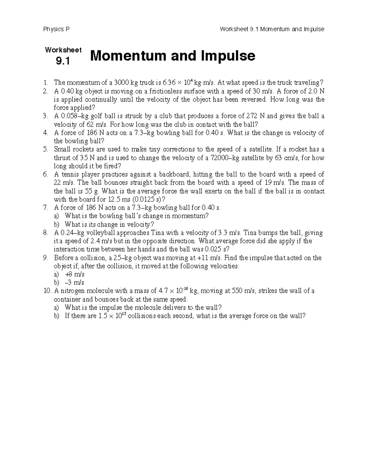 Physics P Worksheet 9.1: Momentum and Impulse Problems - Studocu