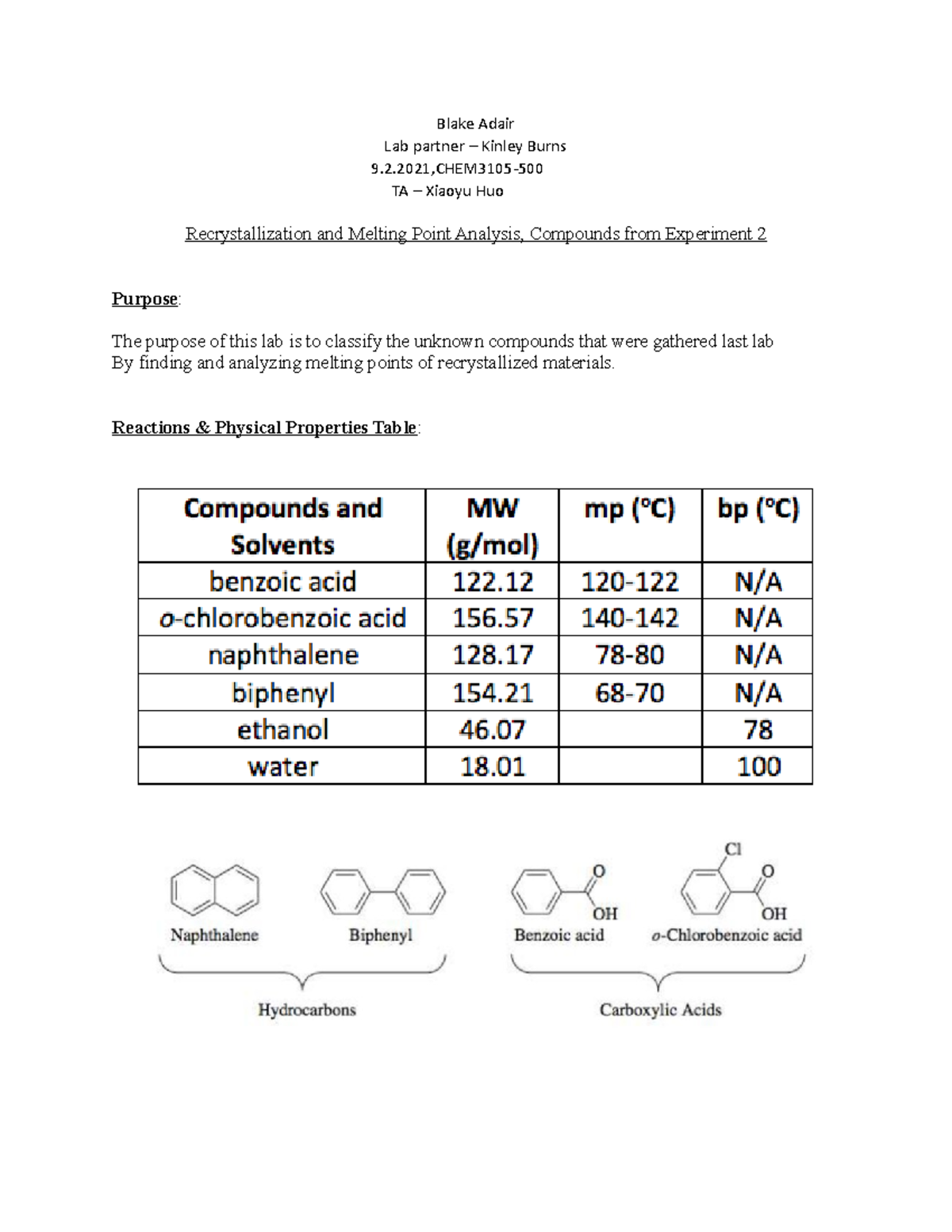 Ochem 3105-500: Lab 3 Report on Recrystallization & Melting Points ...