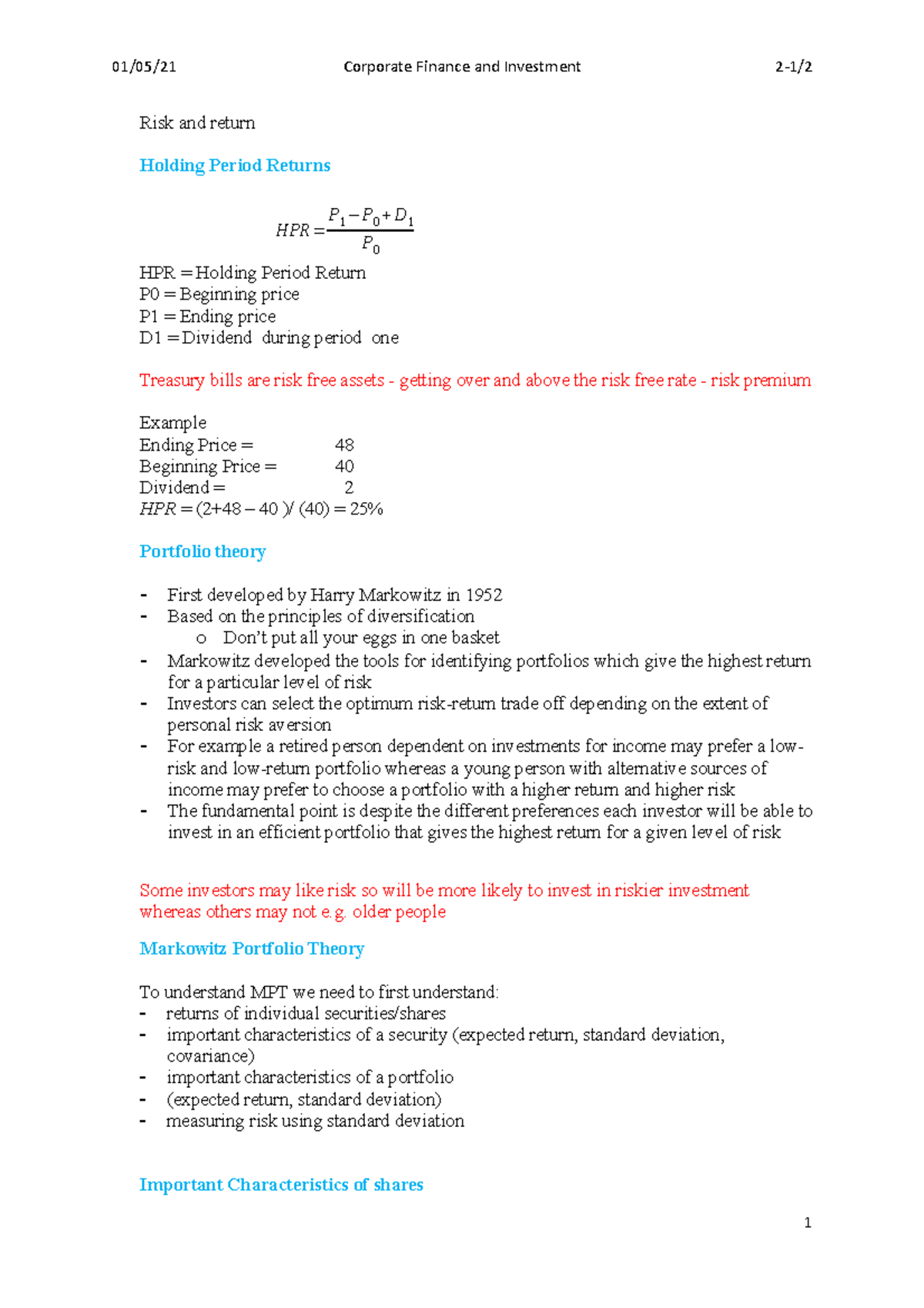 CFI 2-1~2 Risk Premium & Markowitz Portfolio Theory Explained - Studocu