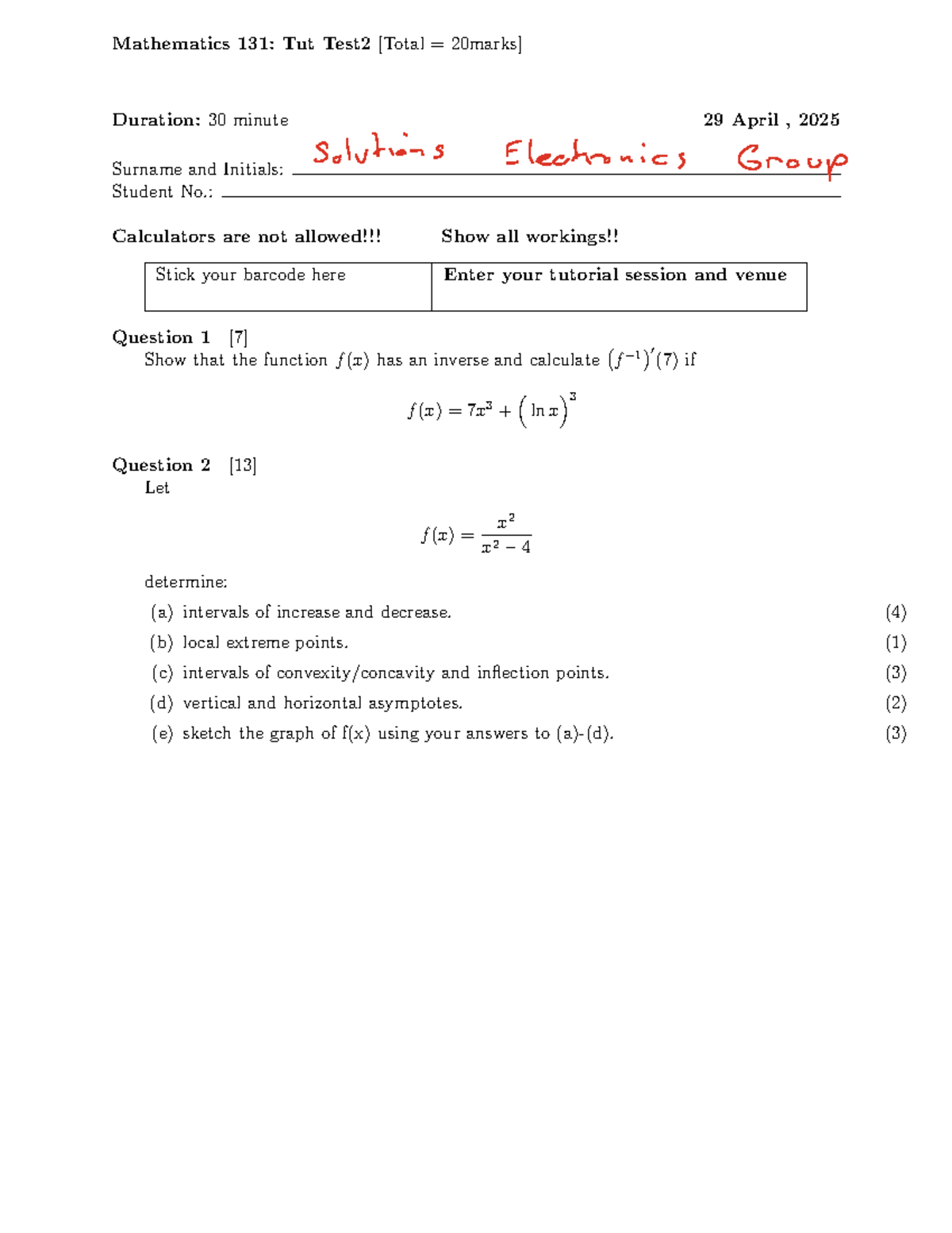 Tutorial Test 3 Electronics (Tues 29 April) Solutions - Mathematics 131 ...