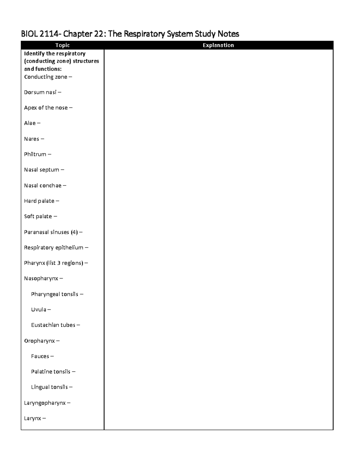 BIOL 2114 Chapter 22: Study Notes on the Respiratory System - Studocu