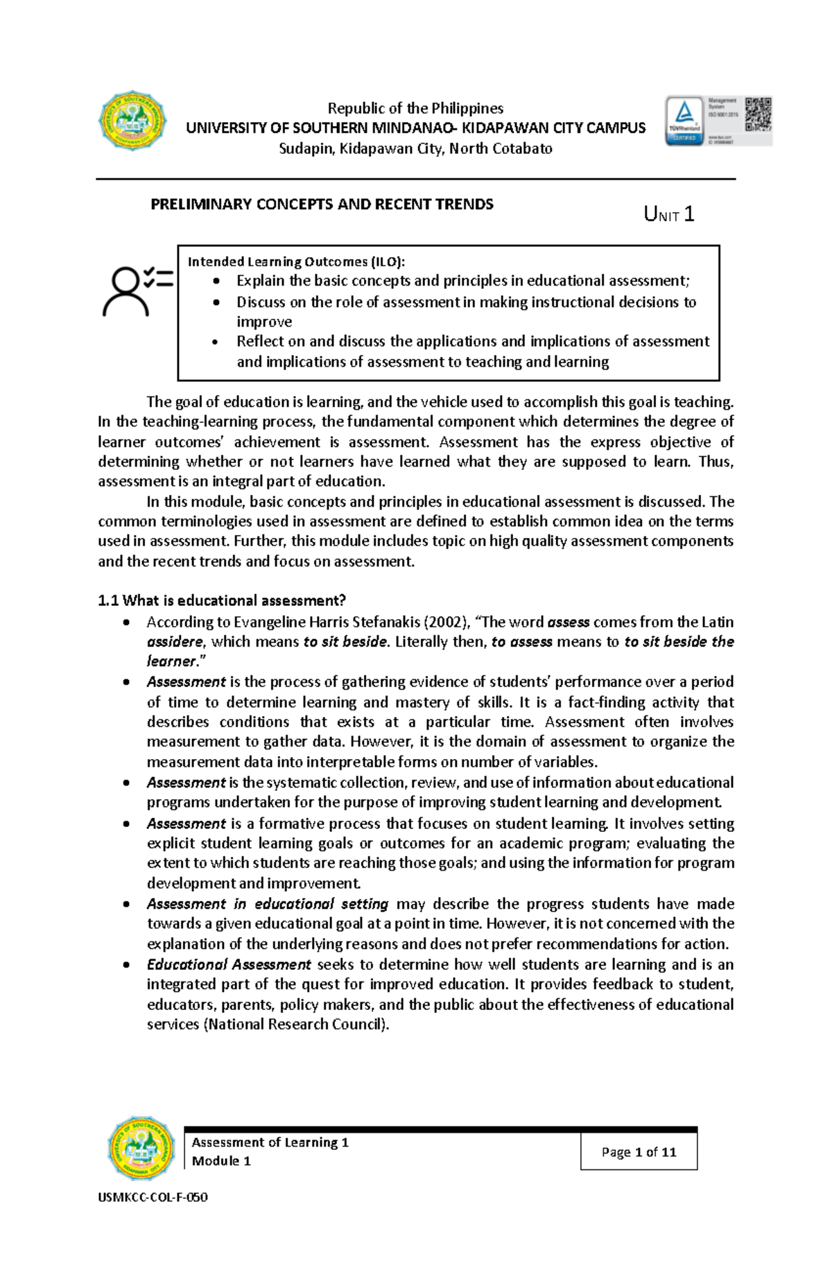 Educational Assessment: Concepts and Recent Trends in Learning 1 - Studocu