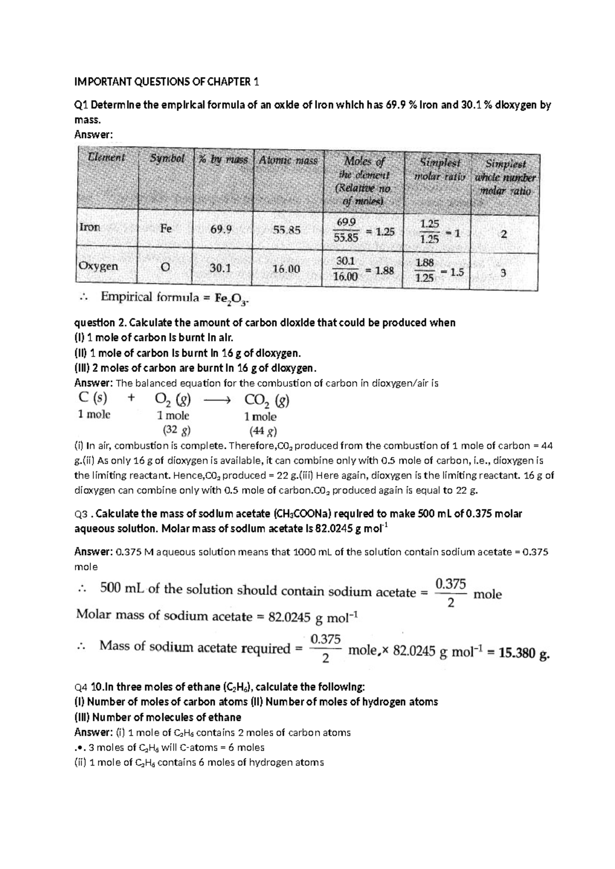 Class 11 Important Questions: Chemistry Chapter 1 - Studocu