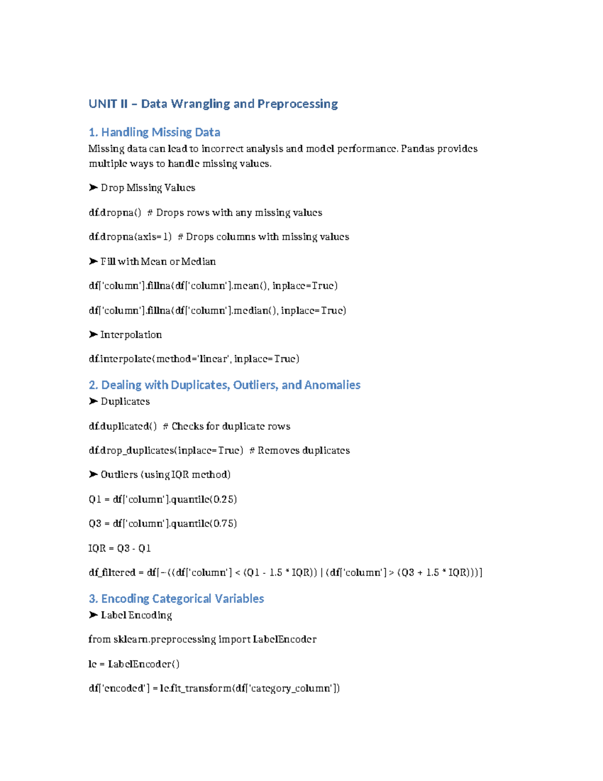 UNIT II Data Wrangling & Preprocessing: Handling Missing Data ...