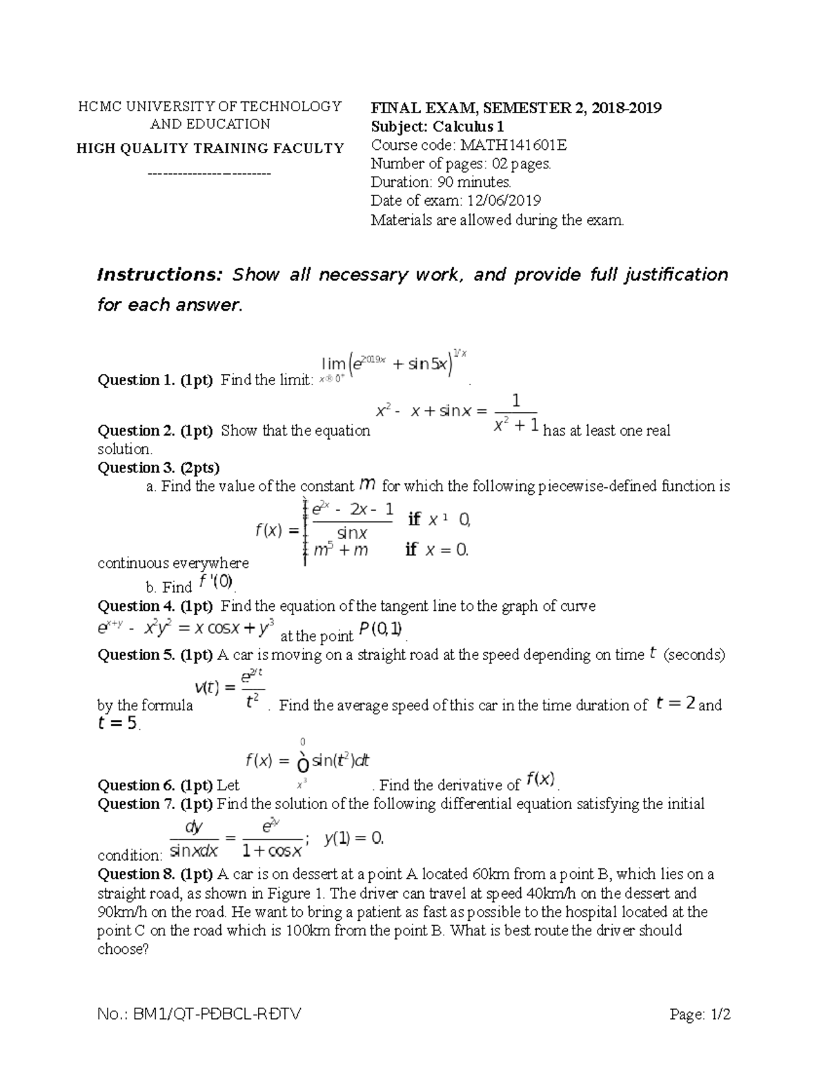 MATH141601E Calculus 1 Final Exam, Semester 2 - 2019 - Studocu