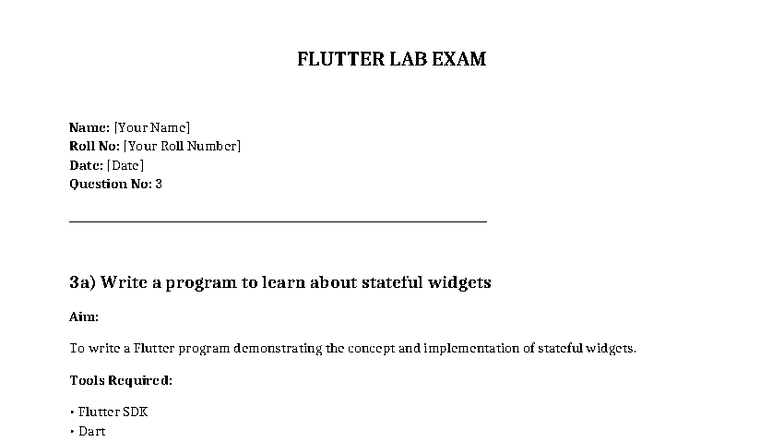 FLUTTER LAB EXAM: Stateful Widgets & Dart Hello World Program - Studocu