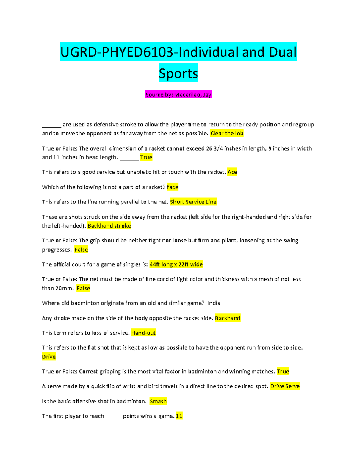 UGRD-PHYED6103-Exam Review for Individual and Dual Sports - Studocu