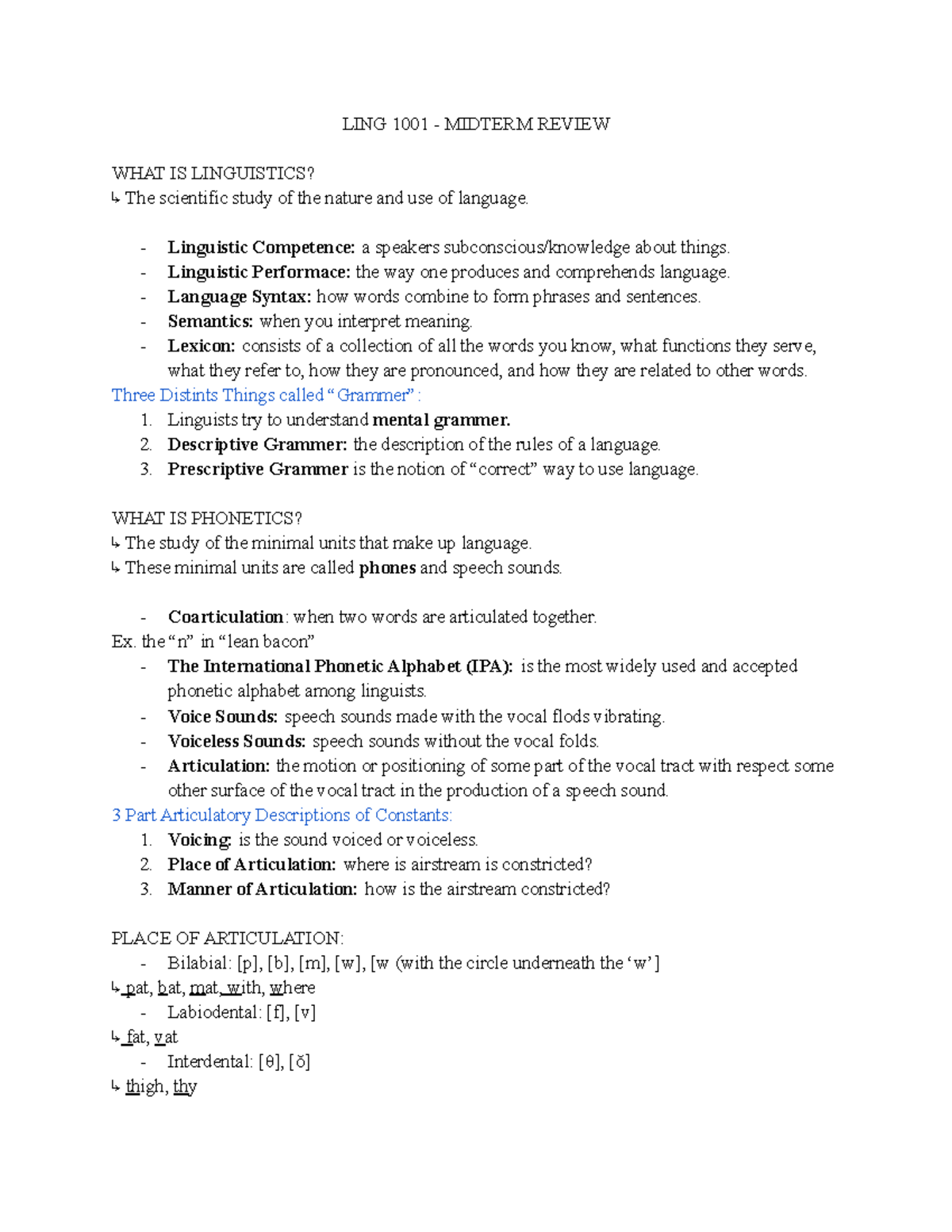 LING 1001 - Comprehensive Midterm 1 Review Notes on Linguistics - Studocu