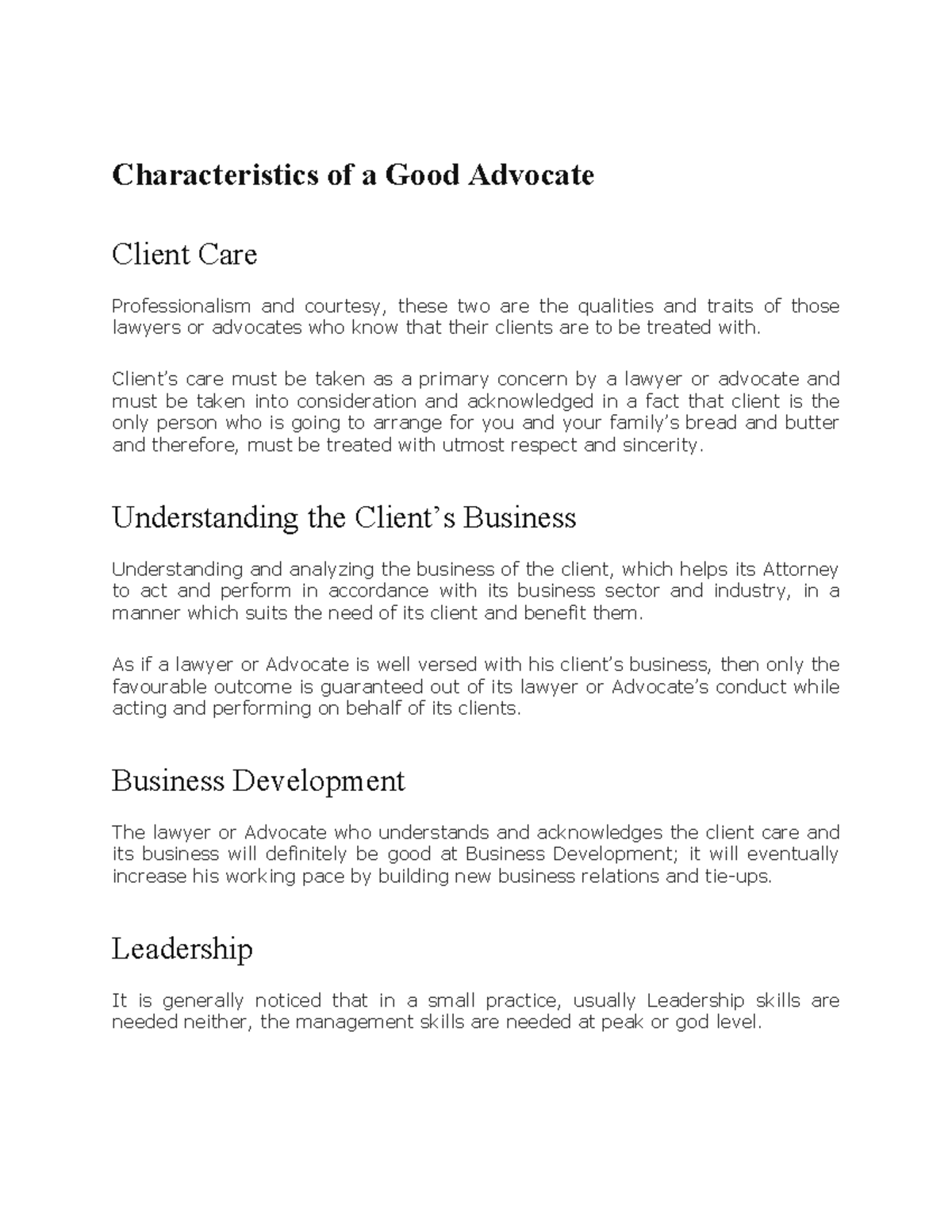Characteristics of a Good Advocate: Client Care & Professionalism - Studocu