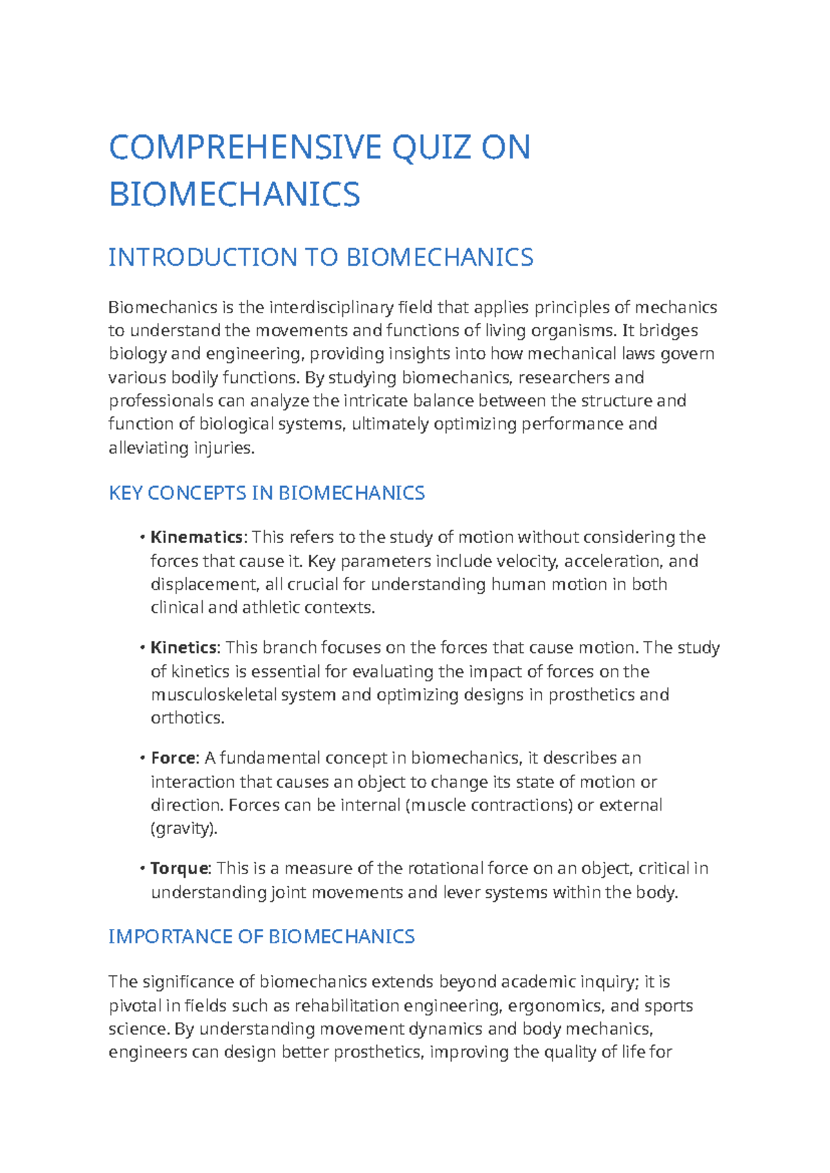 Comprehensive Quiz on Biomechanics - COMPREHENSIVE QUIZ ON BIOMECHANICS ...