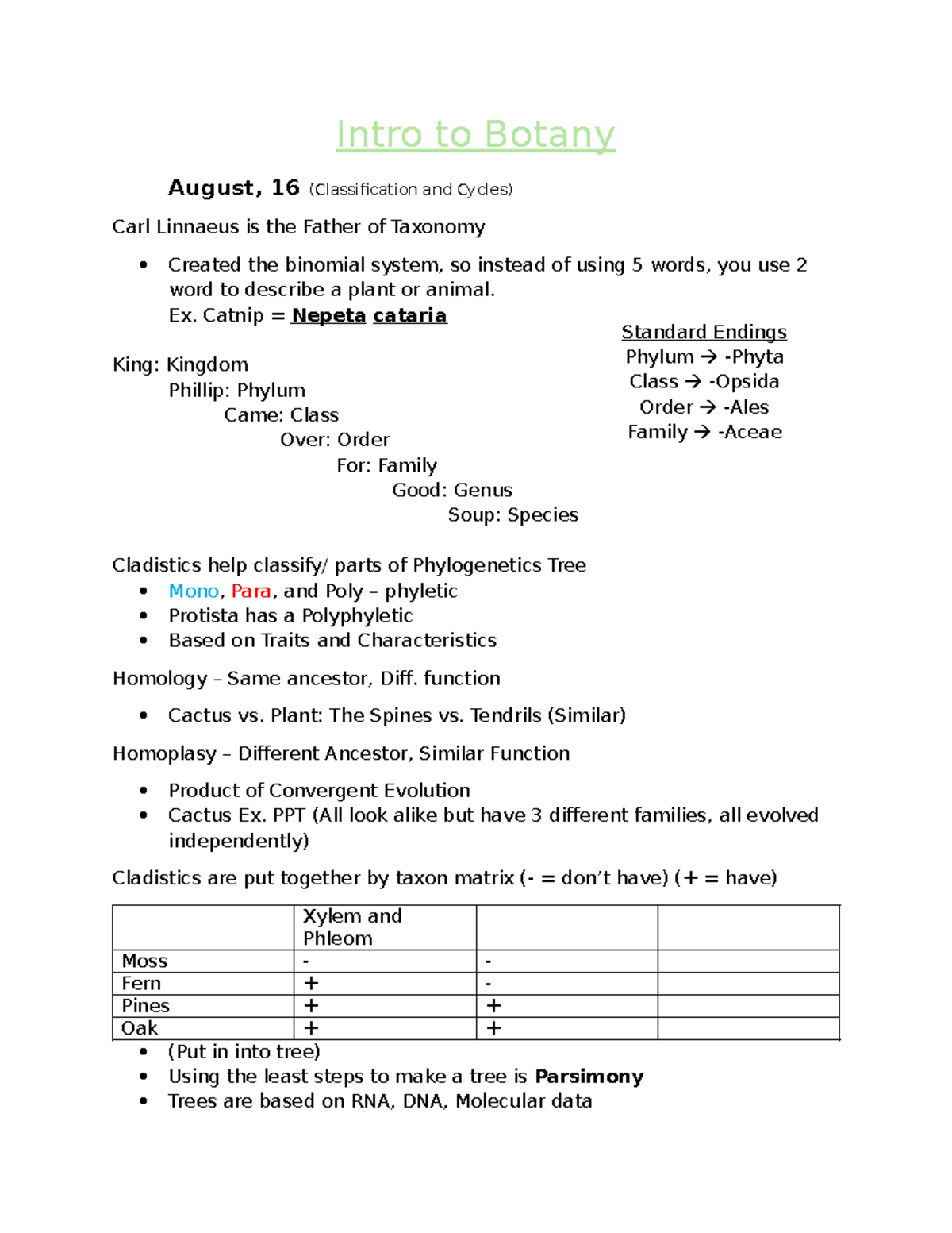 Botany Intro - Intro to Botany August, 16 (Classification and Cycles ...