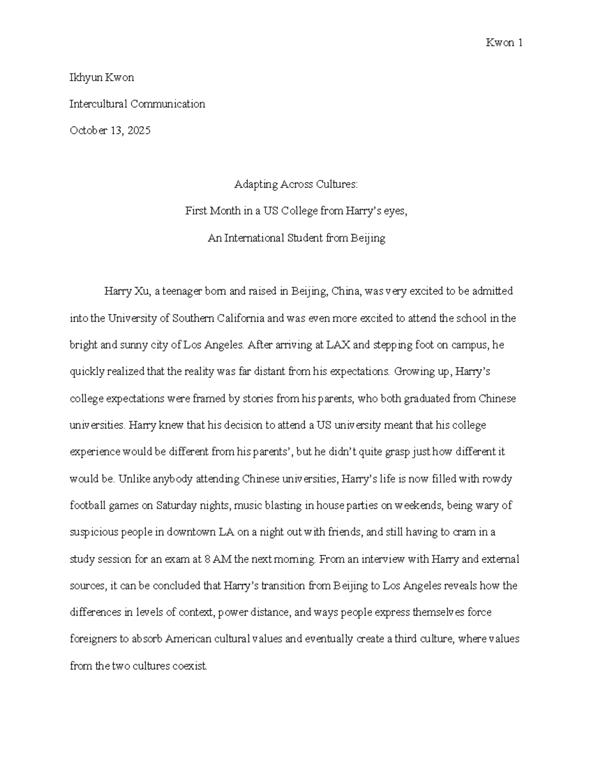 Comm 324 Cultural Interview Paper: Adapting to US College Life - Studocu