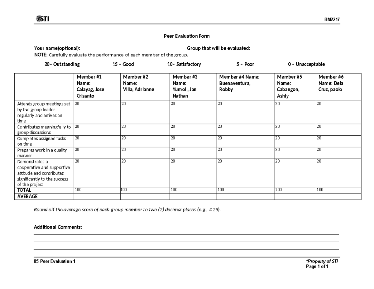 05 Peer Evaluation Form - Group Member Assessment - Studocu